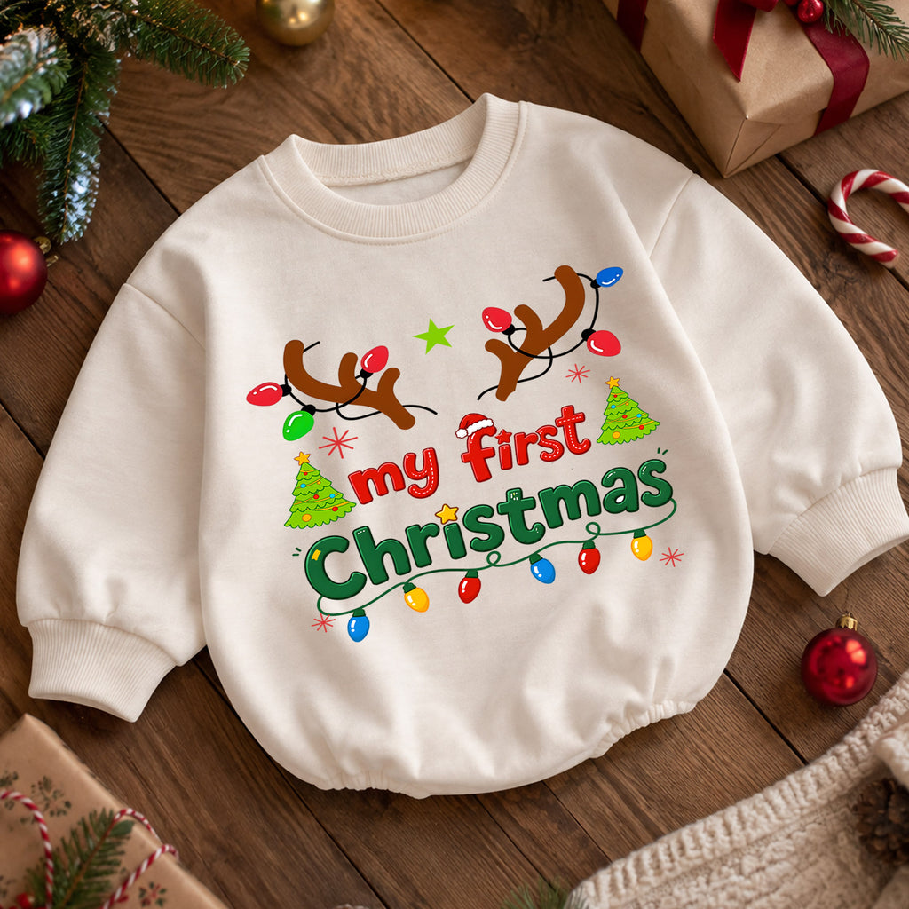 My First Christmas Baby Romper, Reindeer Antlers Holiday Romper, Baby First Xmas Outfit, Christmas Lights Keepsake Gift — product view 5