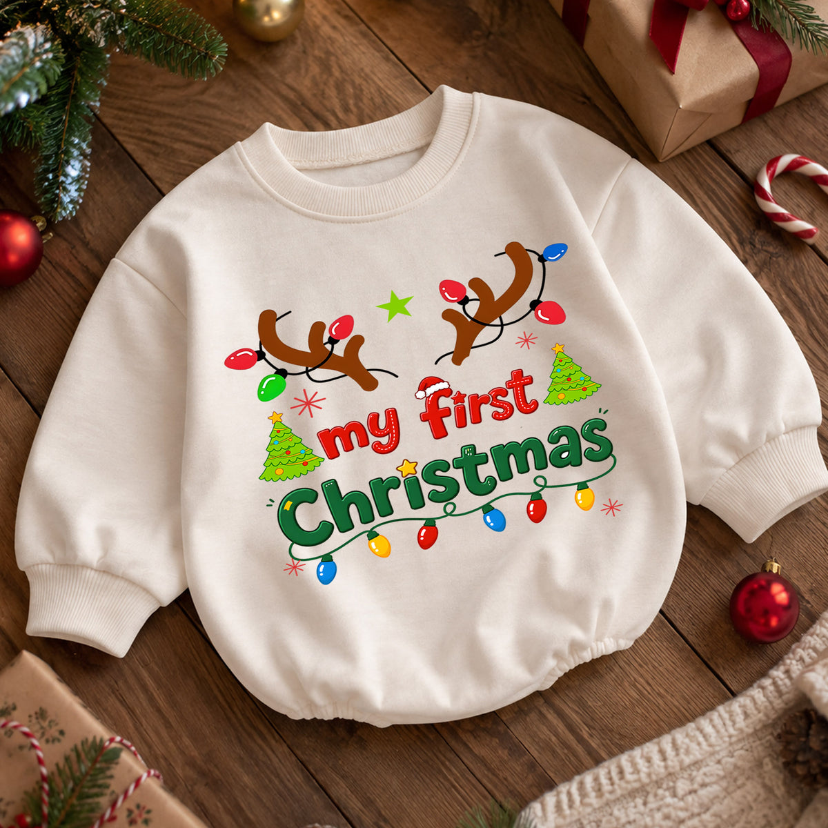 My First Christmas Baby Romper, Reindeer Antlers Holiday Romper, Baby First Xmas Outfit, Christmas Lights Keepsake Gift — product view 5