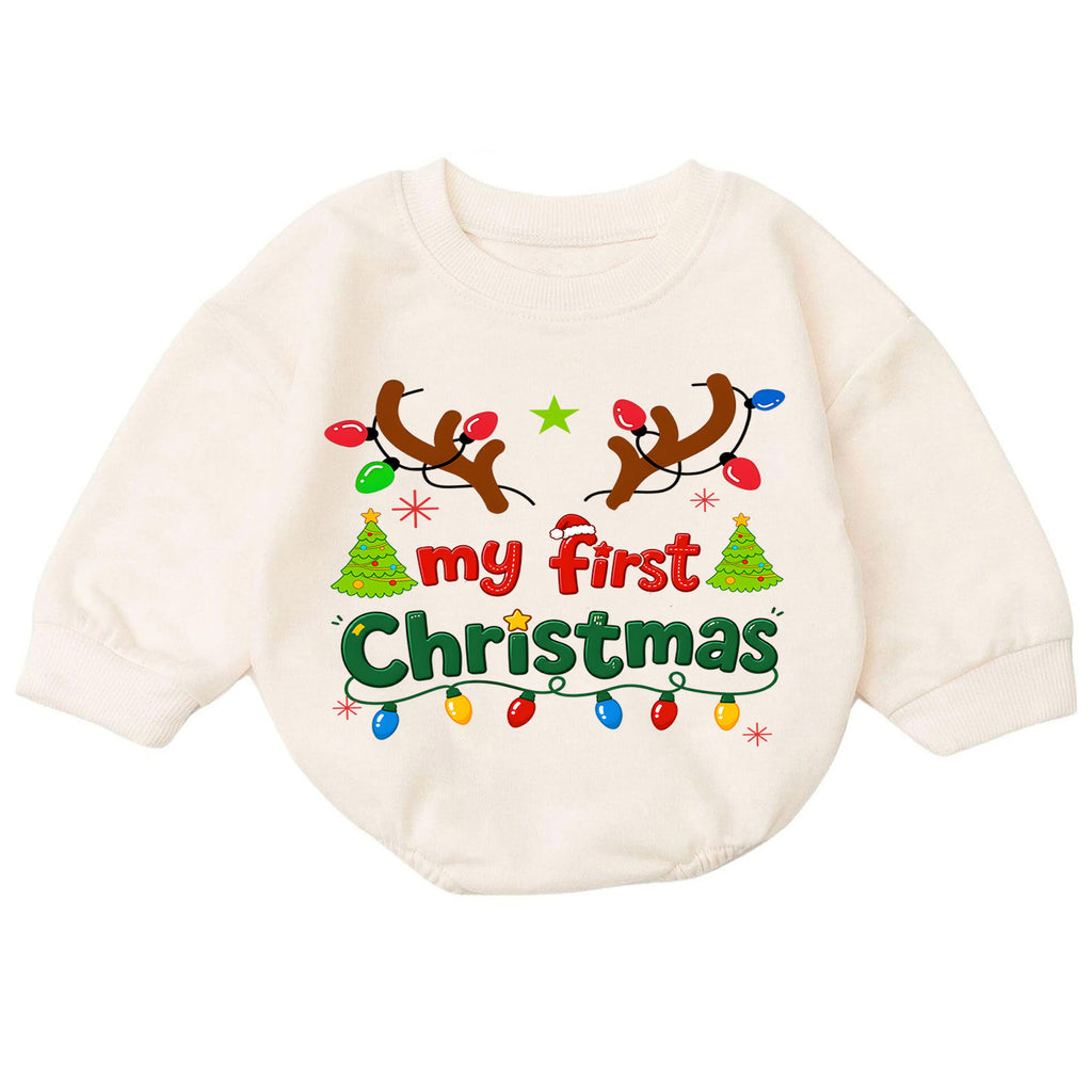 My First Christmas Baby Romper, Reindeer Antlers Holiday Romper, Baby First Xmas Outfit, Christmas Lights Keepsake Gift — product view 7