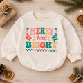 Merry and Bright Baby Romper, Retro Christmas 1st Christmas Outfit, Colorful Holiday Romper for 1st Birthday, Xmas Keepsake Gift — product view 1
