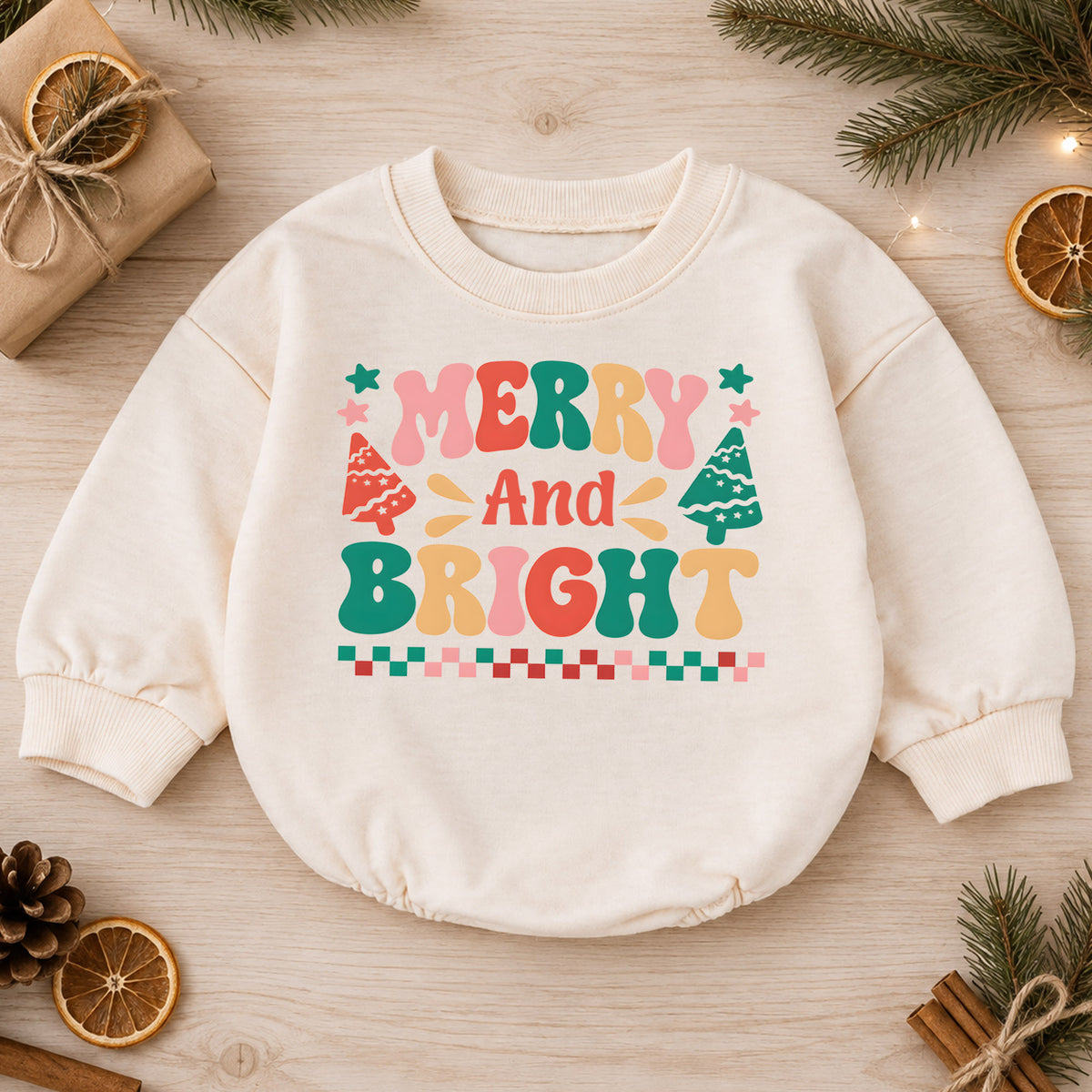 Merry and Bright Baby Romper, Retro Christmas 1st Christmas Outfit, Colorful Holiday Romper for 1st Birthday, Xmas Keepsake Gift — product view 1