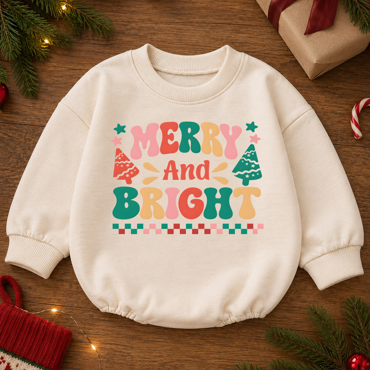 Merry and Bright Baby Romper, Retro Christmas 1st Christmas Outfit, Colorful Holiday Romper for 1st Birthday, Xmas Keepsake Gift — product view 2