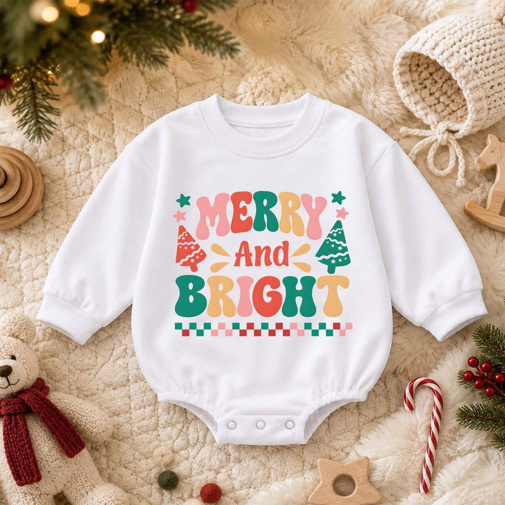 Merry and Bright Baby Romper, Retro Christmas 1st Christmas Outfit, Colorful Holiday Romper for 1st Birthday, Xmas Keepsake Gift — product view 3