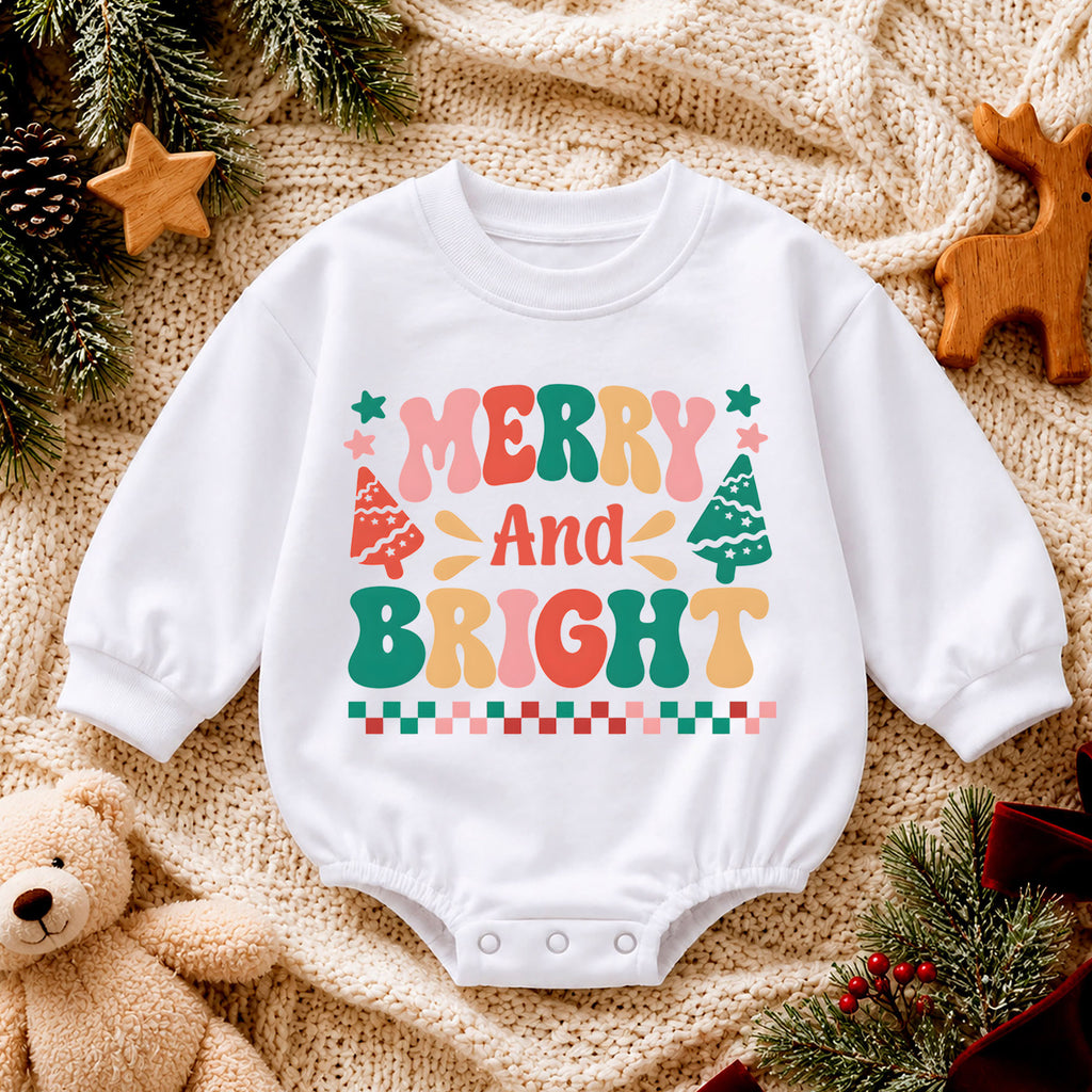 Merry and Bright Baby Romper, Retro Christmas 1st Christmas Outfit, Colorful Holiday Romper for 1st Birthday, Xmas Keepsake Gift — product view 4