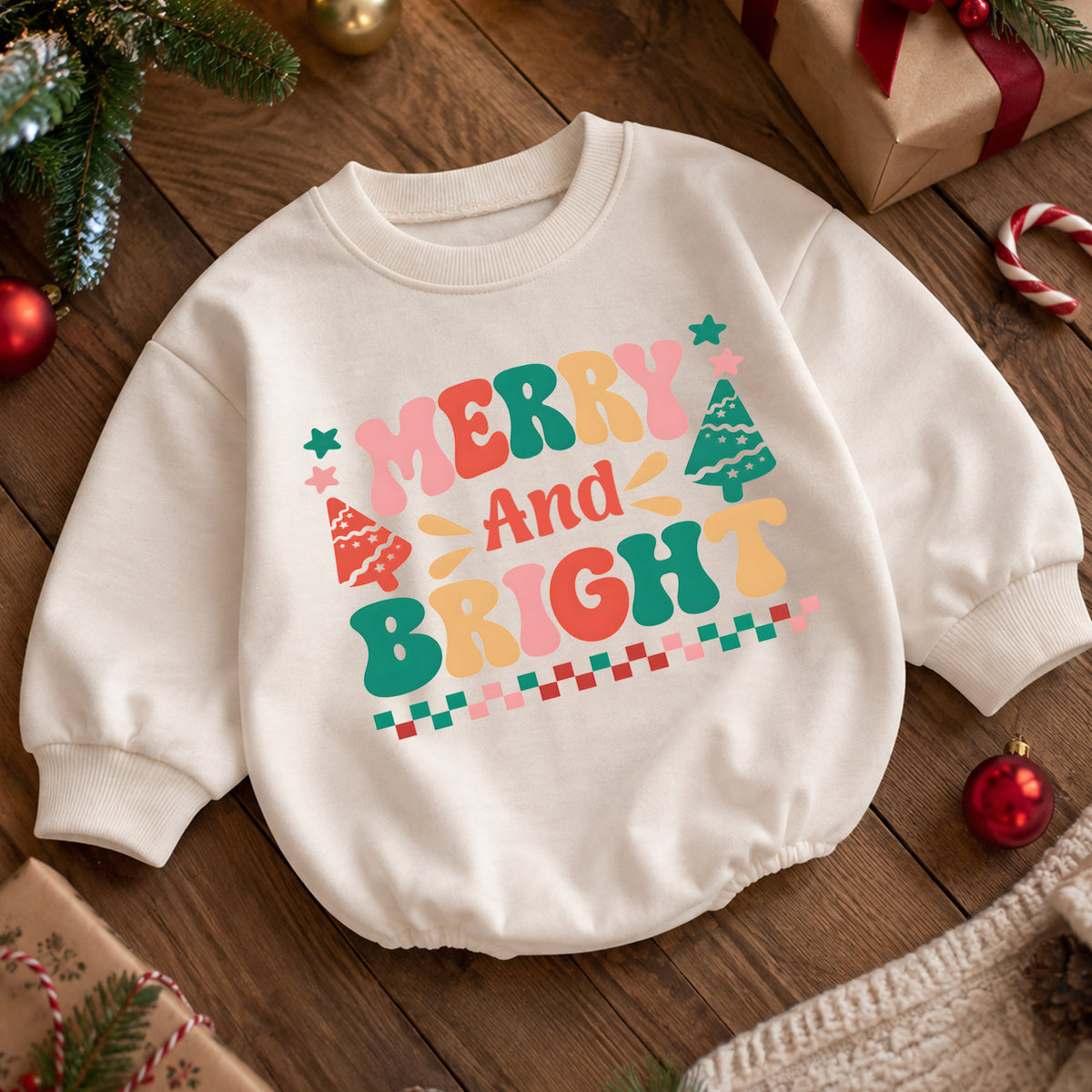 Merry and Bright Baby Romper, Retro Christmas 1st Christmas Outfit, Colorful Holiday Romper for 1st Birthday, Xmas Keepsake Gift — product view 5