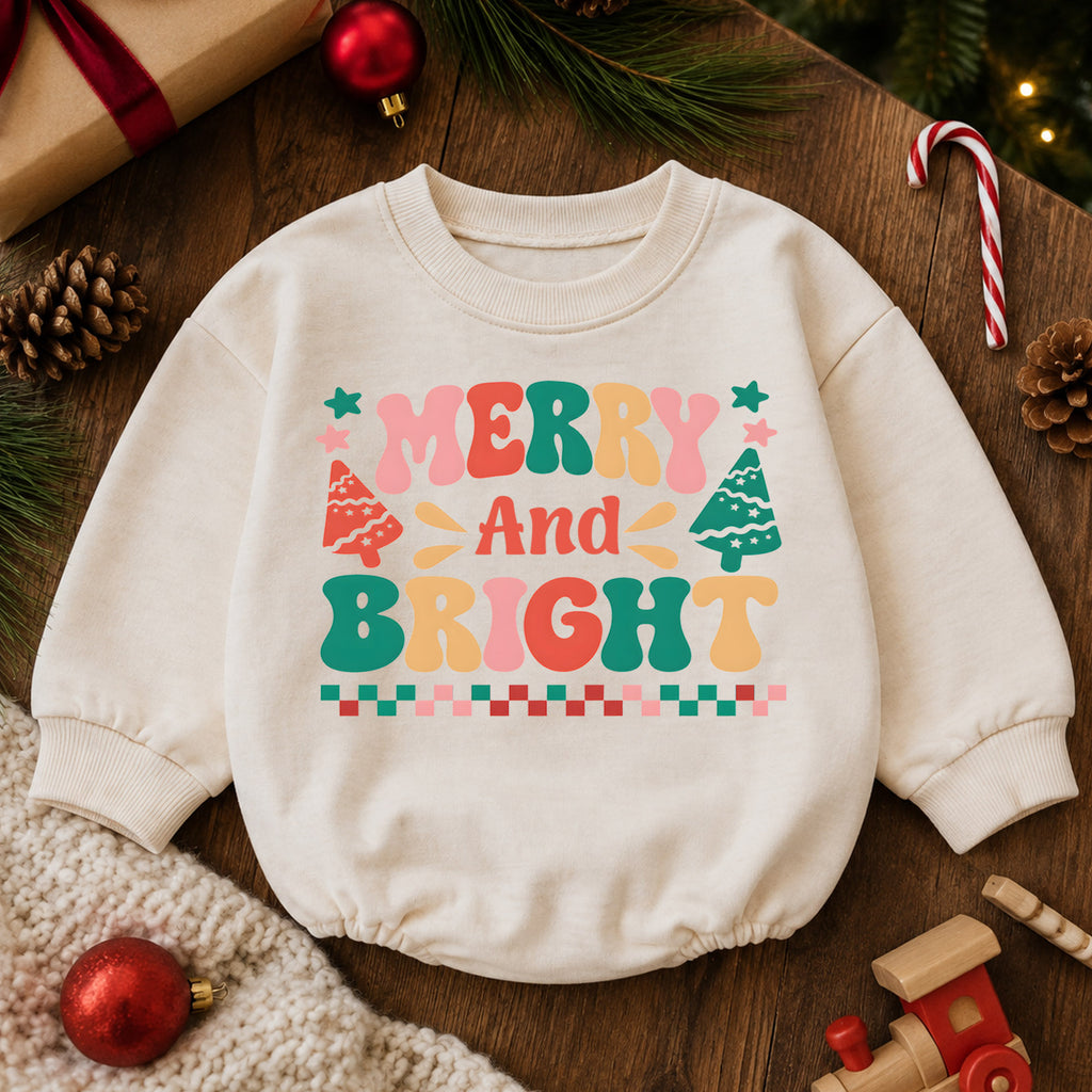 Merry and Bright Baby Romper, Retro Christmas 1st Christmas Outfit, Colorful Holiday Romper for 1st Birthday, Xmas Keepsake Gift — product view 6