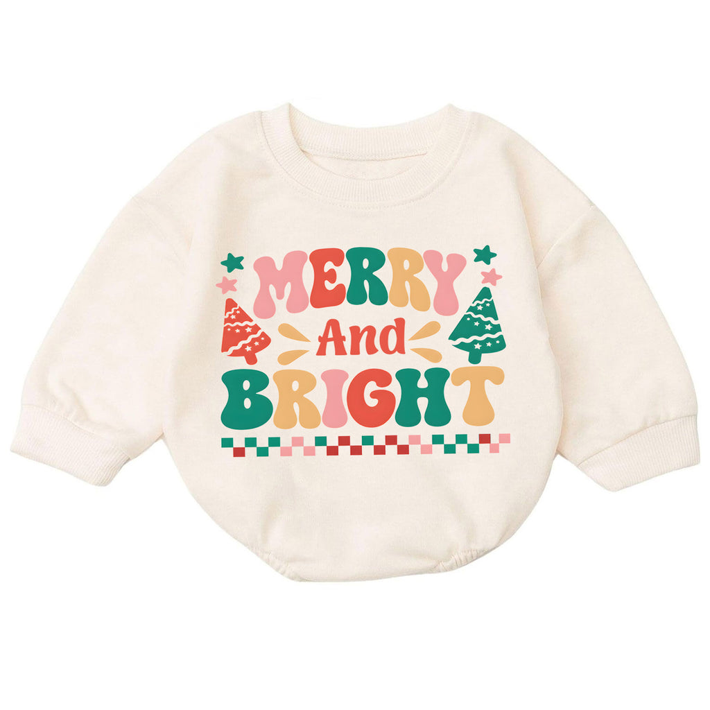 Merry and Bright Baby Romper, Retro Christmas 1st Christmas Outfit, Colorful Holiday Romper for 1st Birthday, Xmas Keepsake Gift — product view 7