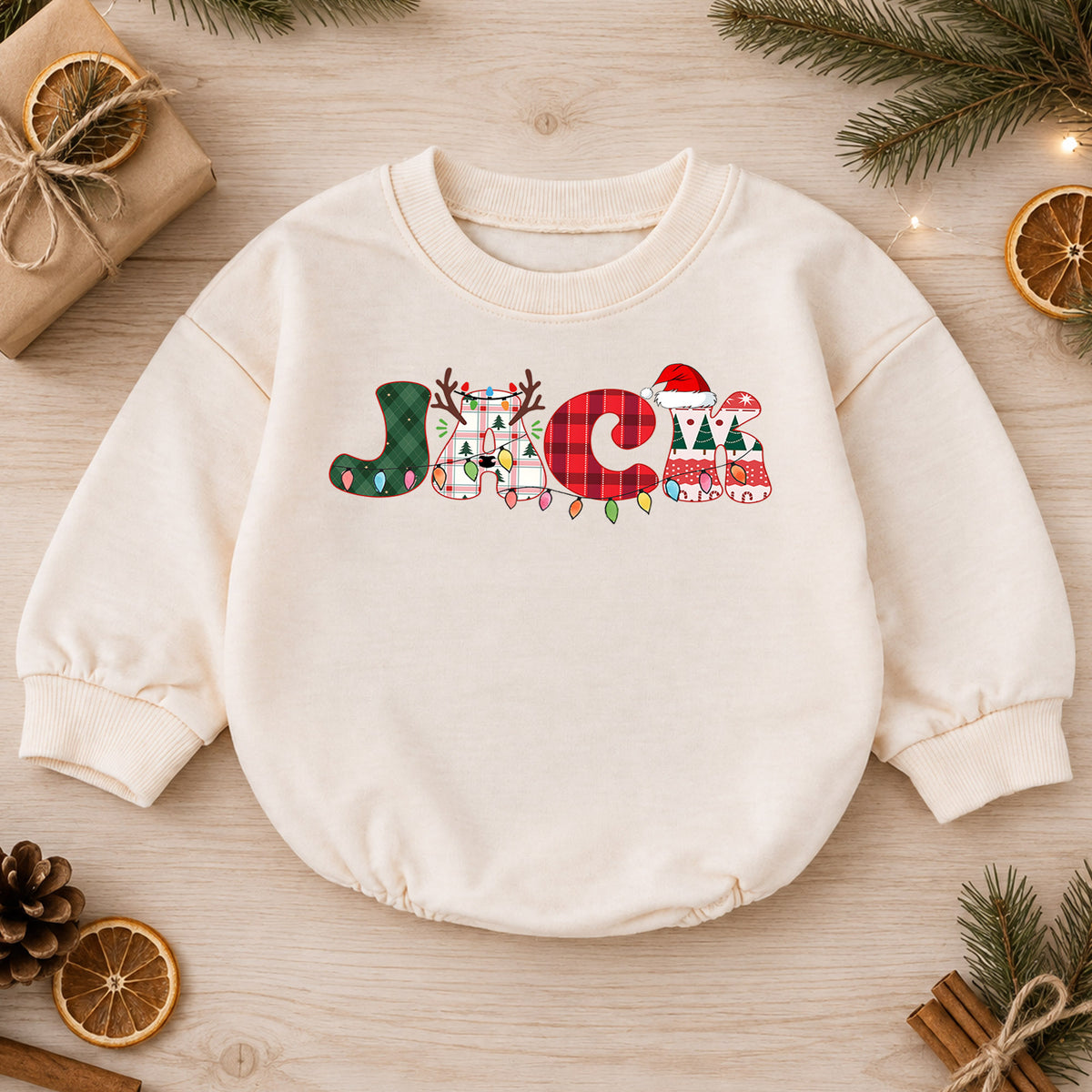 Personalized Santa Christmas Baby Romper, Custom Name Holiday Car with Tree, 1st Christmas Outfit, My First Birthday Gift — product view 1