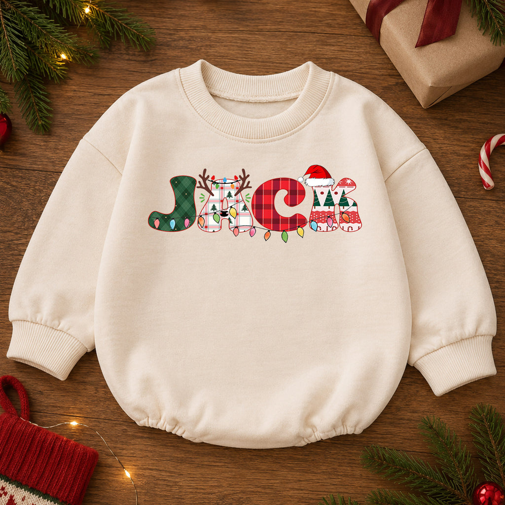 Personalized Santa Christmas Baby Romper, Custom Name Holiday Car with Tree, 1st Christmas Outfit, My First Birthday Gift — product view 2