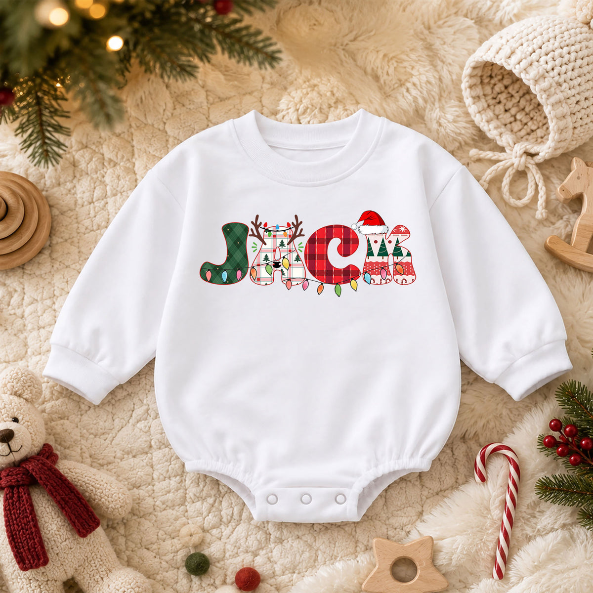 Personalized Santa Christmas Baby Romper, Custom Name Holiday Car with Tree, 1st Christmas Outfit, My First Birthday Gift — product view 3