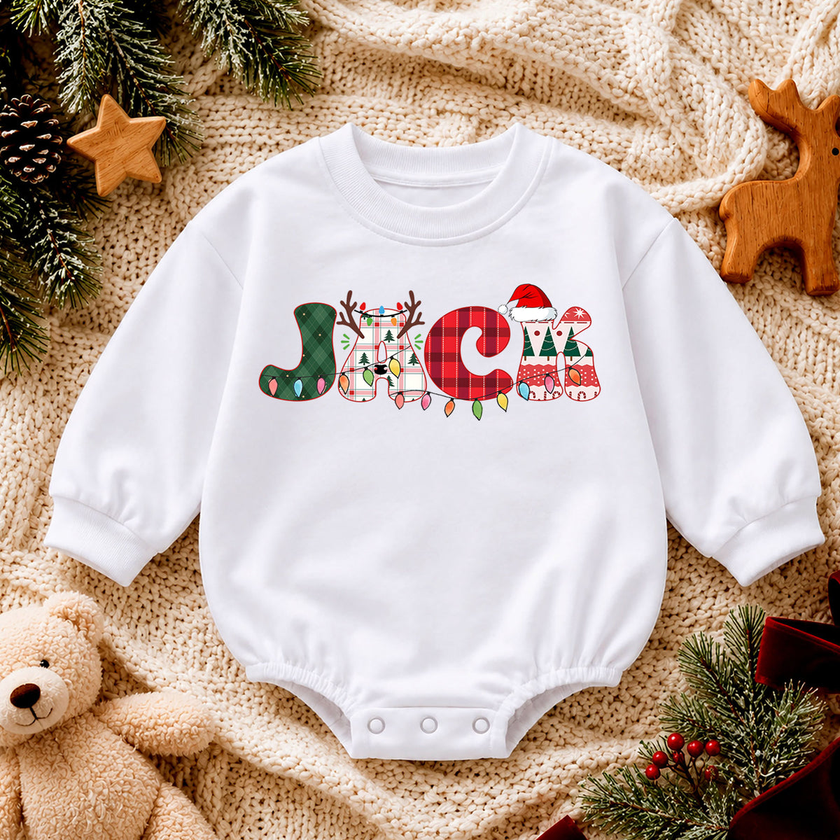 Personalized Santa Christmas Baby Romper, Custom Name Holiday Car with Tree, 1st Christmas Outfit, My First Birthday Gift — product view 4