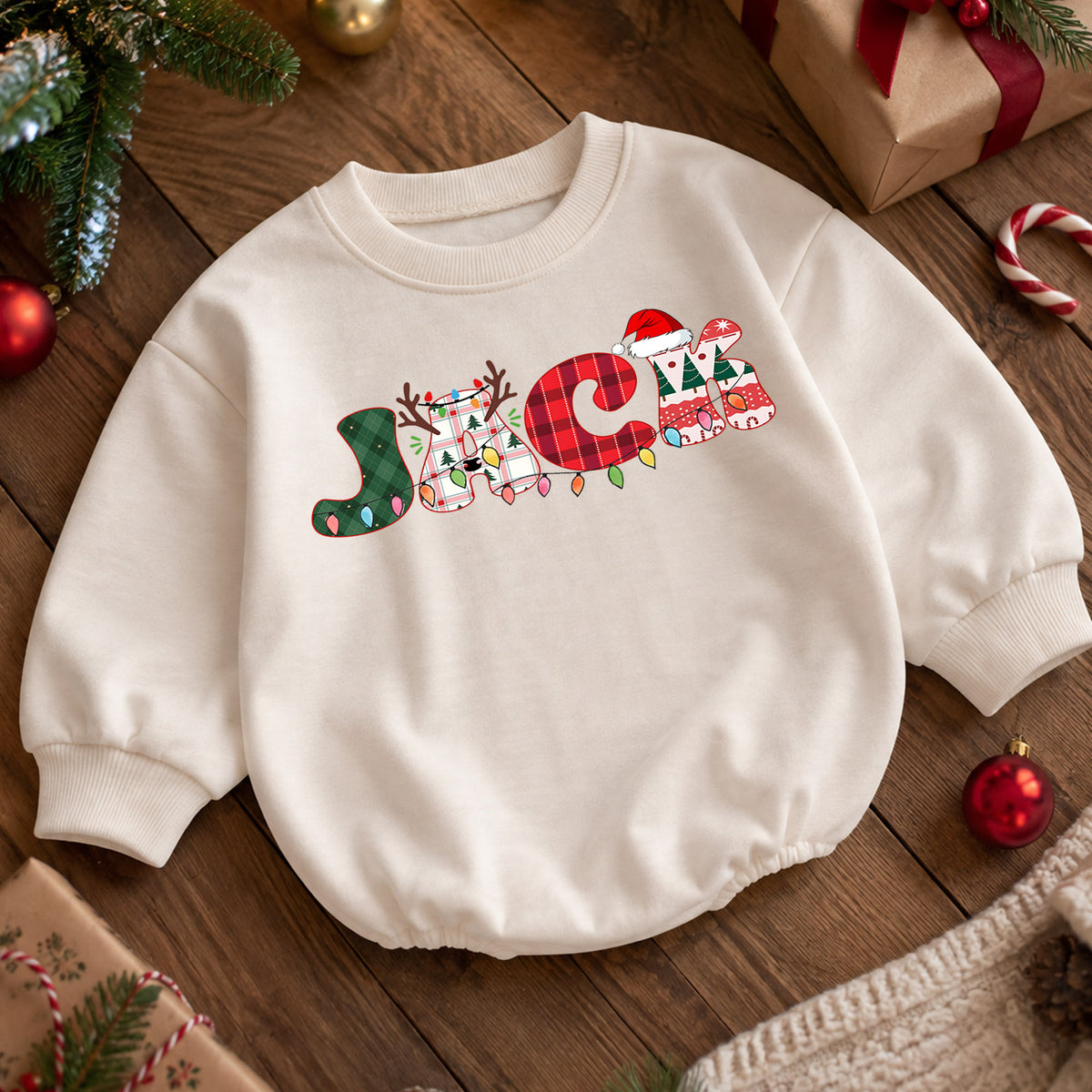 Personalized Santa Christmas Baby Romper, Custom Name Holiday Car with Tree, 1st Christmas Outfit, My First Birthday Gift — product view 5