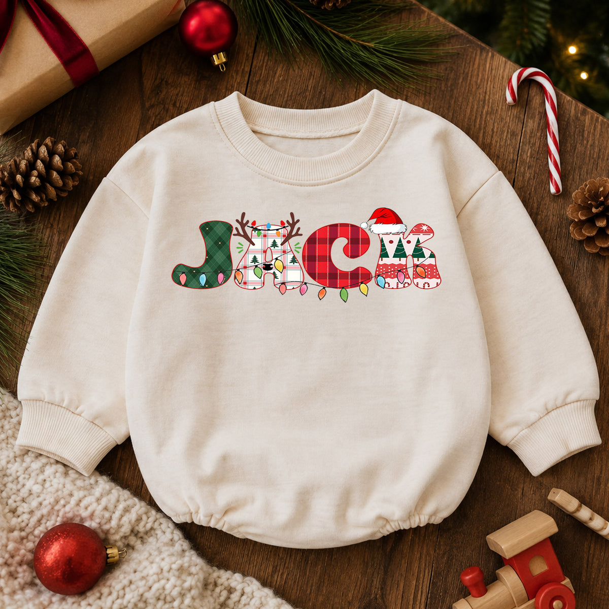Personalized Santa Christmas Baby Romper, Custom Name Holiday Car with Tree, 1st Christmas Outfit, My First Birthday Gift — product view 6
