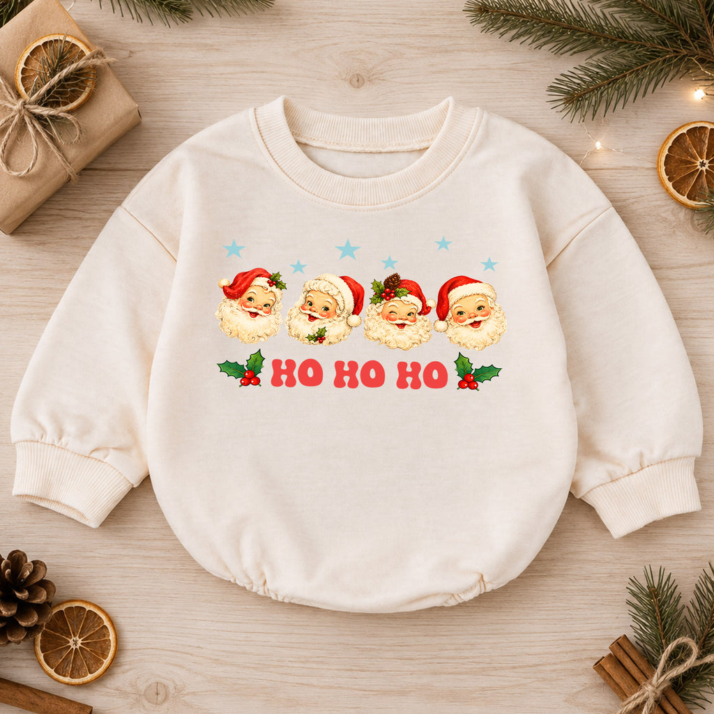 Ho Ho Ho Santa Baby Romper, Vintage Santa Faces Christmas Romper, Retro Holiday Outfit, Toddler Xmas Gift for Baby — product view 1