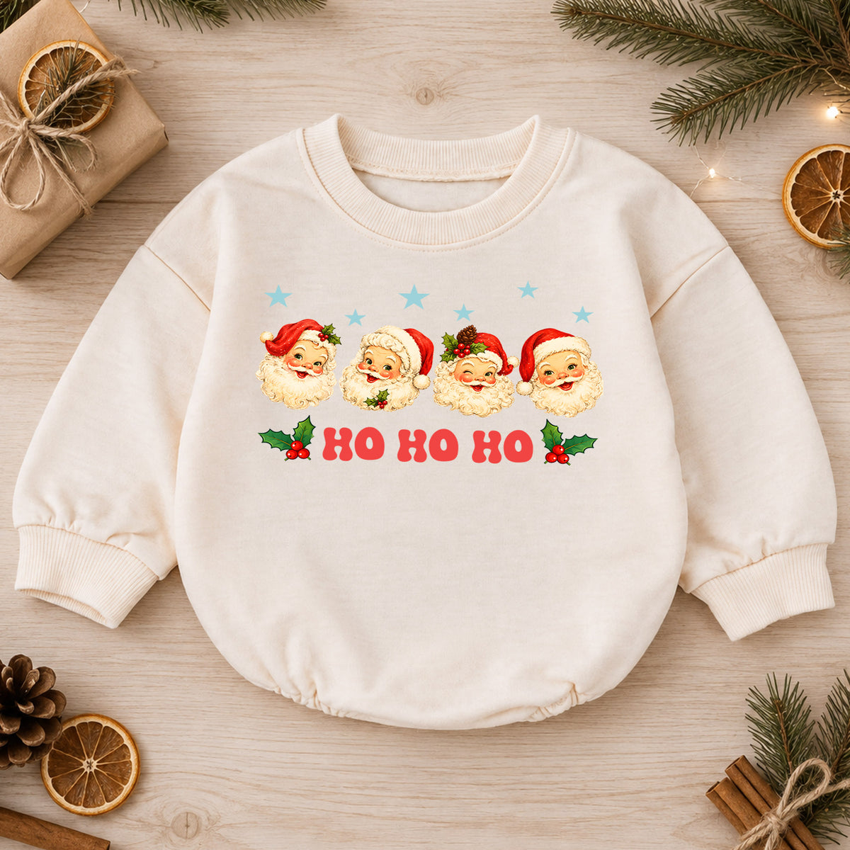 Ho Ho Ho Santa Baby Romper, Vintage Santa Faces Christmas Romper, Retro Holiday Outfit, Toddler Xmas Gift for Baby — product view 1