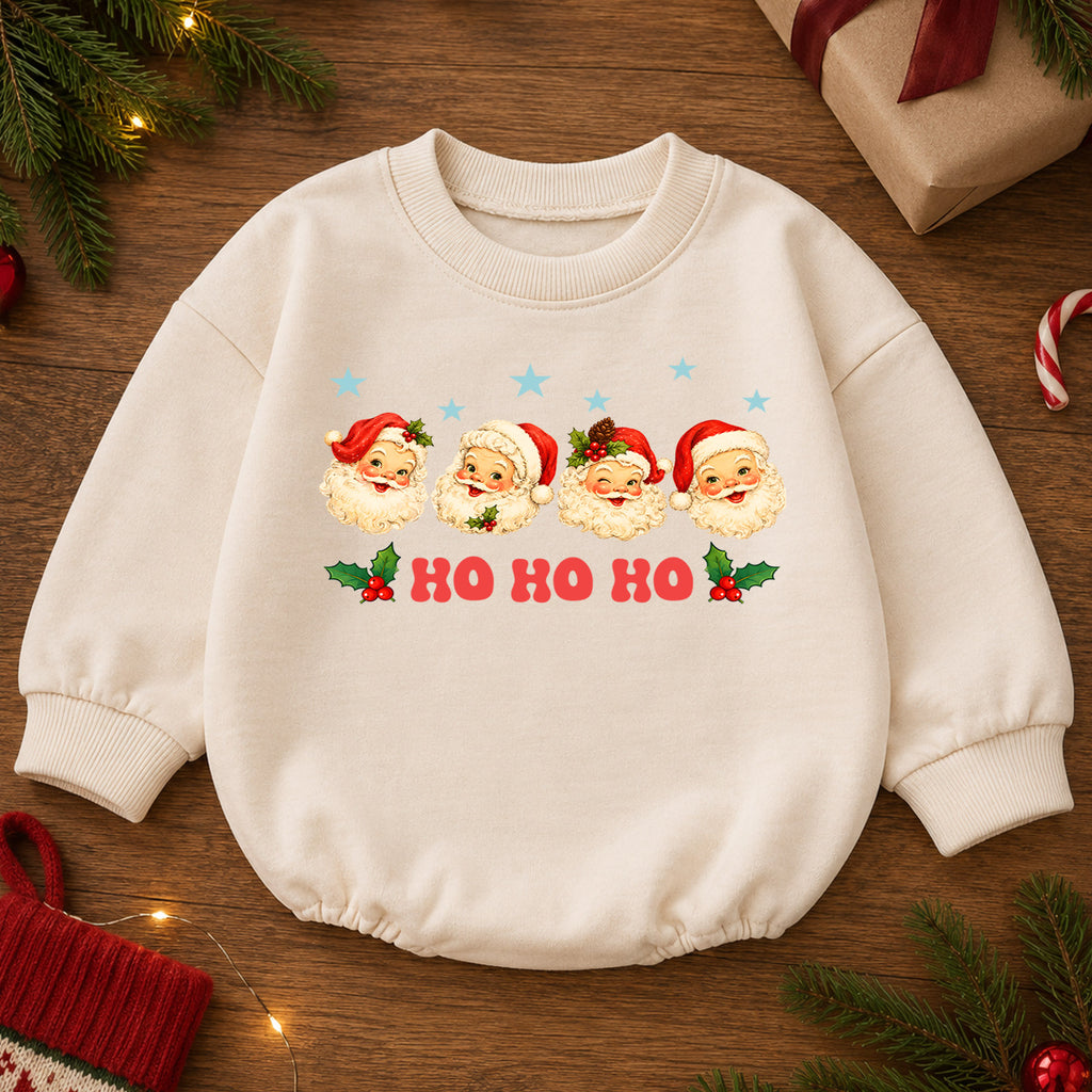 Ho Ho Ho Santa Baby Romper, Vintage Santa Faces Christmas Romper, Retro Holiday Outfit, Toddler Xmas Gift for Baby — product view 2