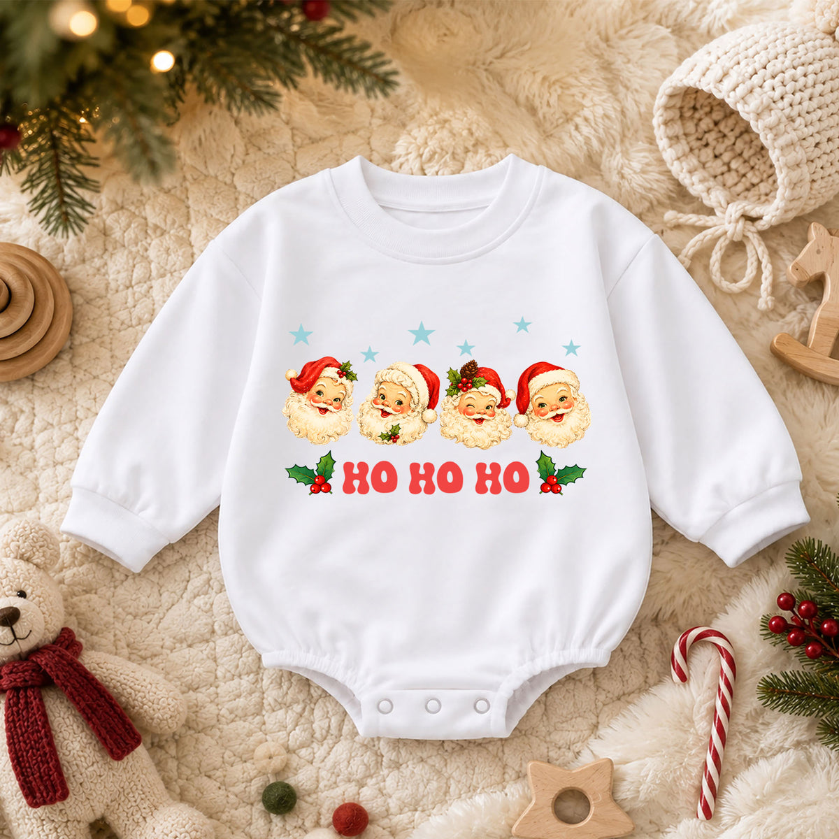 Ho Ho Ho Santa Baby Romper, Vintage Santa Faces Christmas Romper, Retro Holiday Outfit, Toddler Xmas Gift for Baby — product view 3