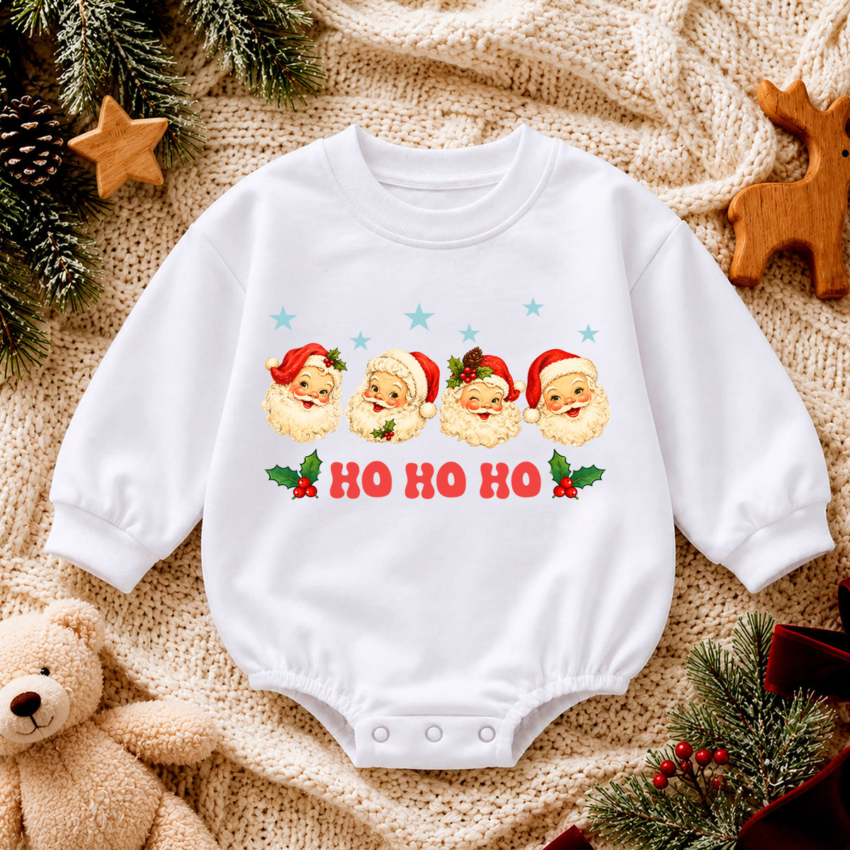 Ho Ho Ho Santa Baby Romper, Vintage Santa Faces Christmas Romper, Retro Holiday Outfit, Toddler Xmas Gift for Baby — product view 4
