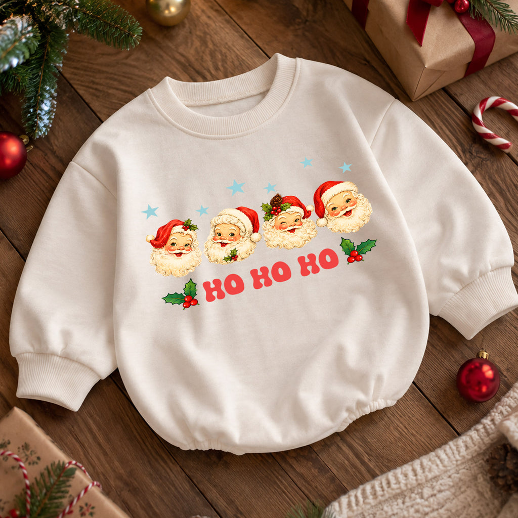 Ho Ho Ho Santa Baby Romper, Vintage Santa Faces Christmas Romper, Retro Holiday Outfit, Toddler Xmas Gift for Baby — product view 5