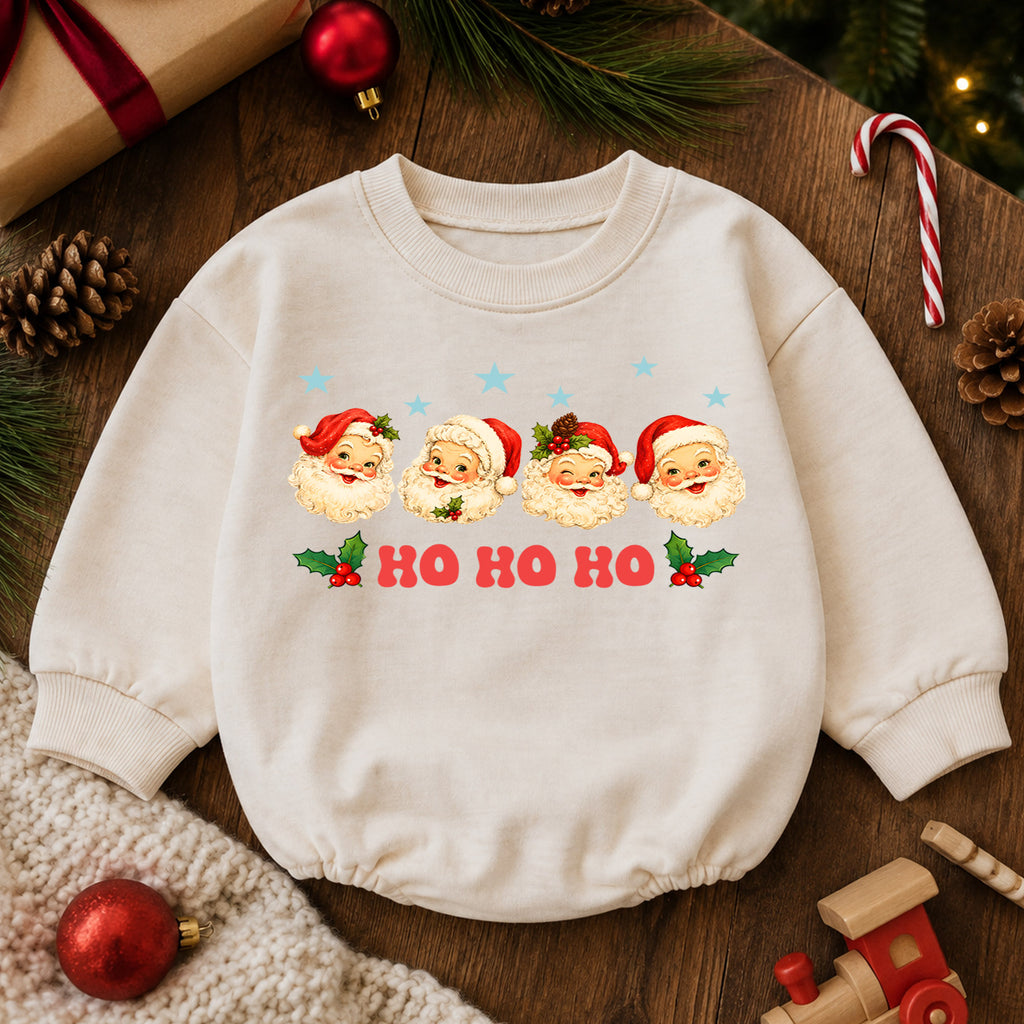 Ho Ho Ho Santa Baby Romper, Vintage Santa Faces Christmas Romper, Retro Holiday Outfit, Toddler Xmas Gift for Baby — product view 6
