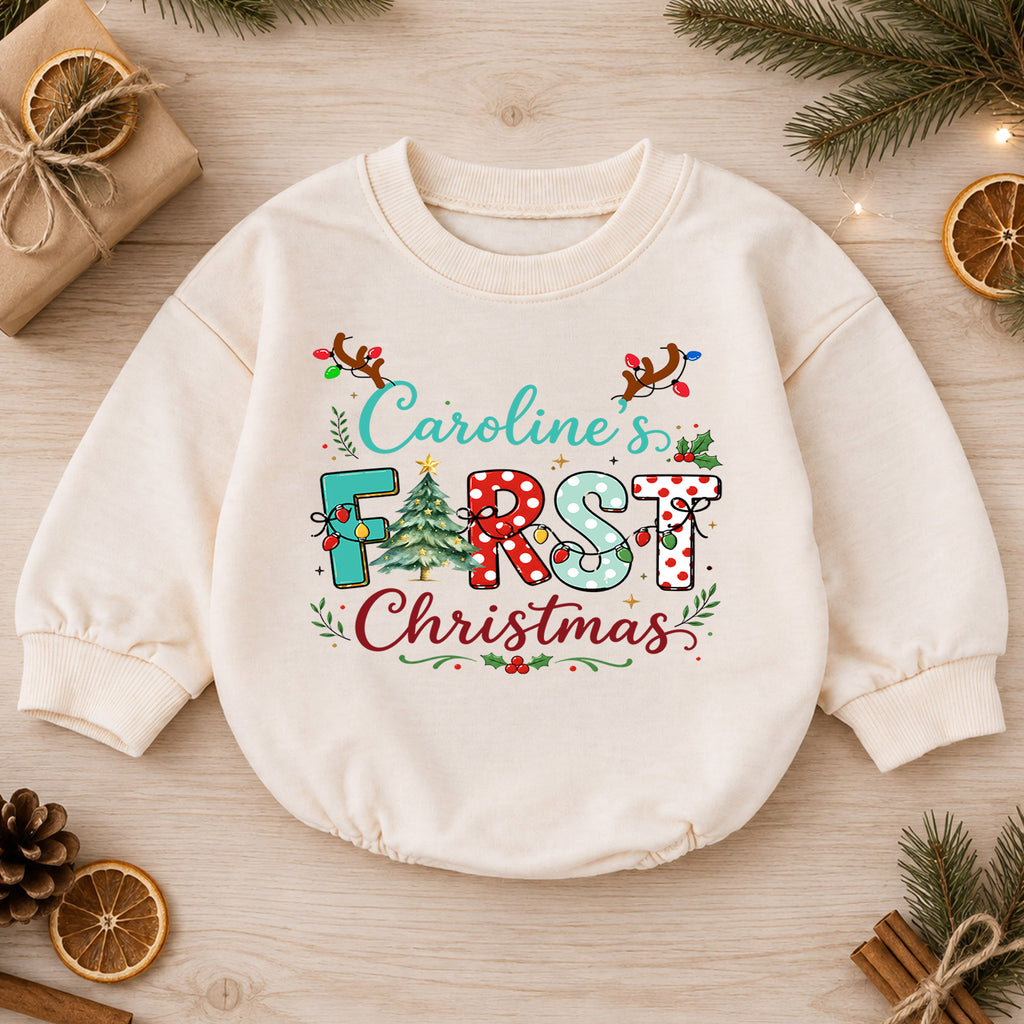 First Christmas Baby Romper, Christmas Romper, Reindeer Holiday Outfit, Baby Xmas Keepsake Gift — product view 1