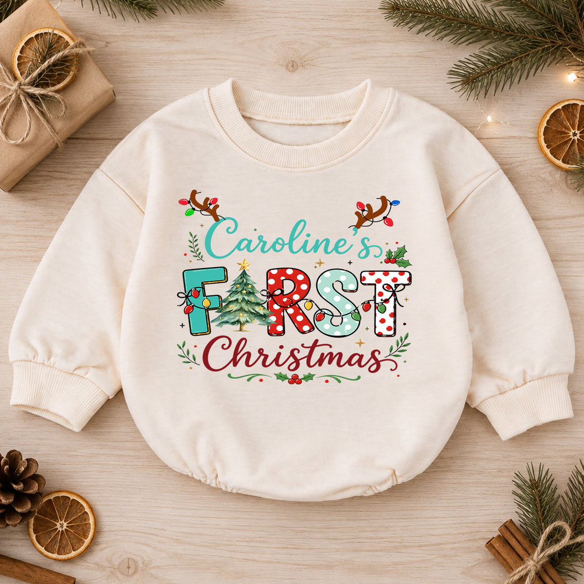 First Christmas Baby Romper, Christmas Romper, Reindeer Holiday Outfit, Baby Xmas Keepsake Gift — product view 1