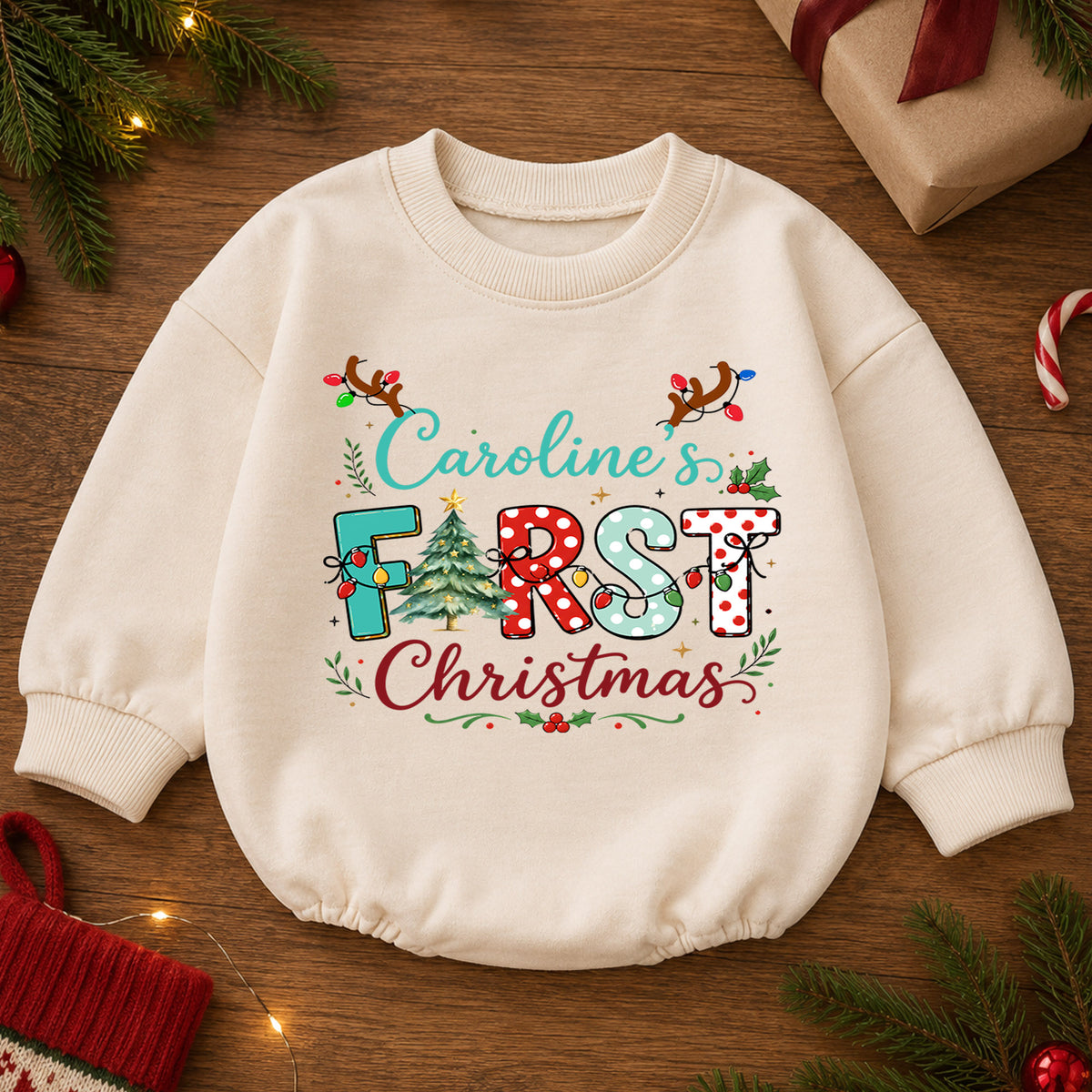 First Christmas Baby Romper, Christmas Romper, Reindeer Holiday Outfit, Baby Xmas Keepsake Gift — product view 2
