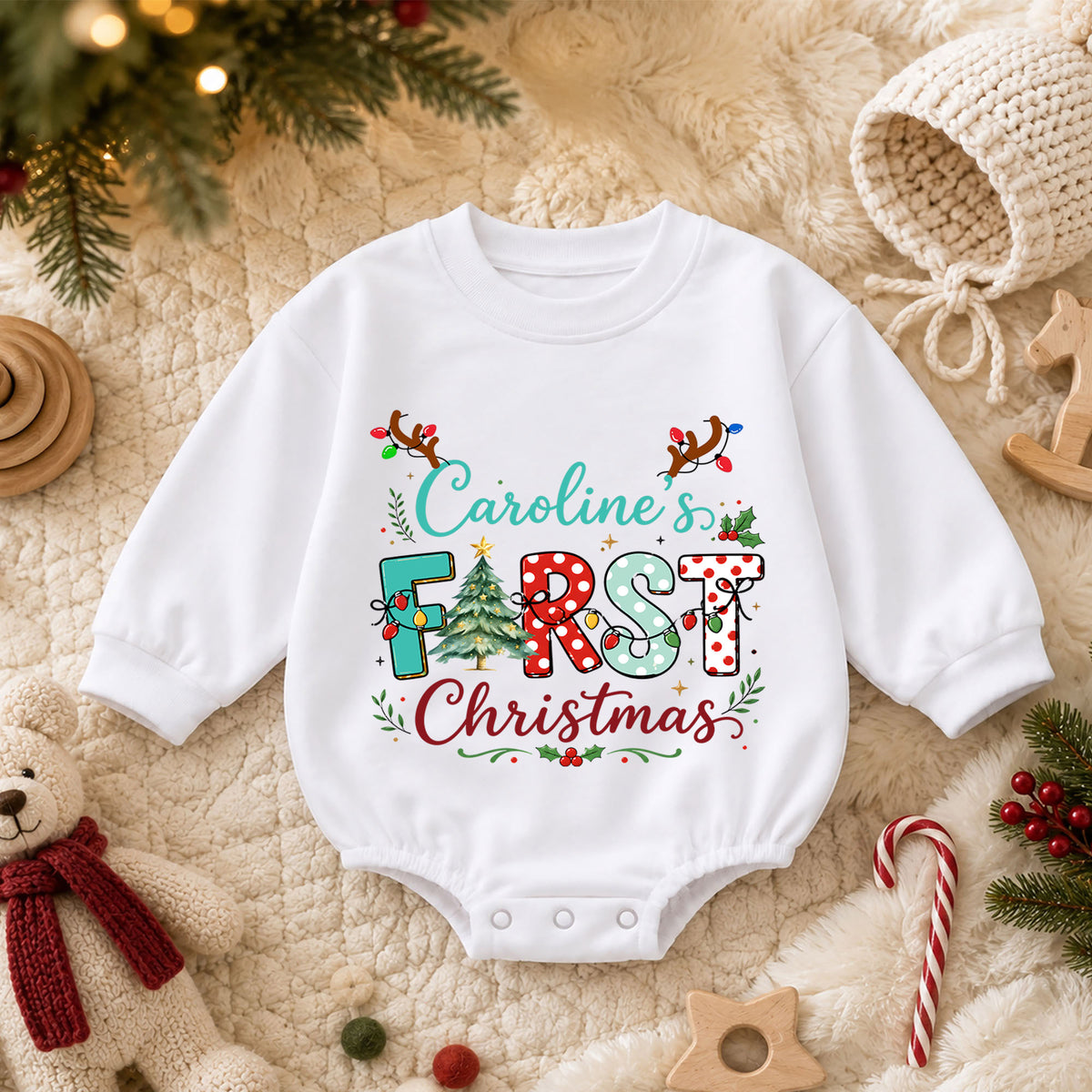 First Christmas Baby Romper, Christmas Romper, Reindeer Holiday Outfit, Baby Xmas Keepsake Gift — product view 3