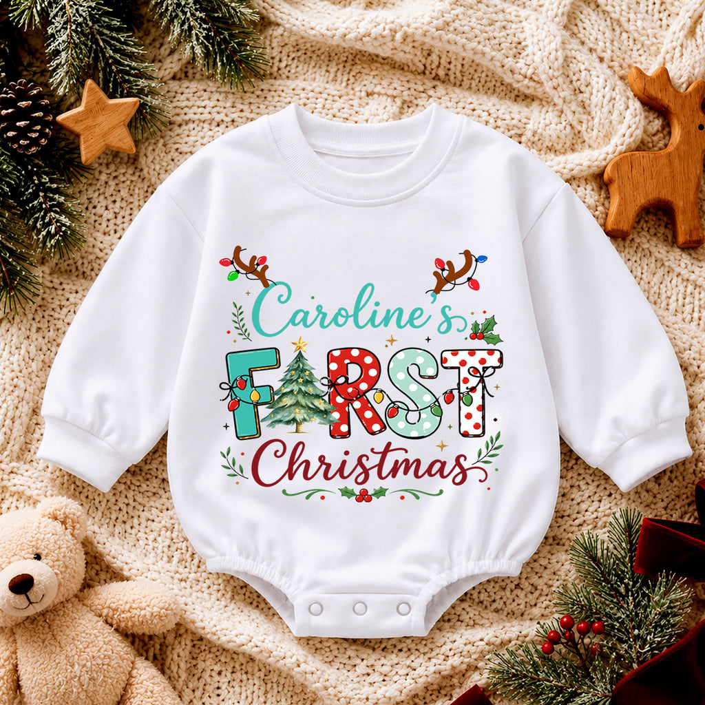 First Christmas Baby Romper, Christmas Romper, Reindeer Holiday Outfit, Baby Xmas Keepsake Gift — product view 4