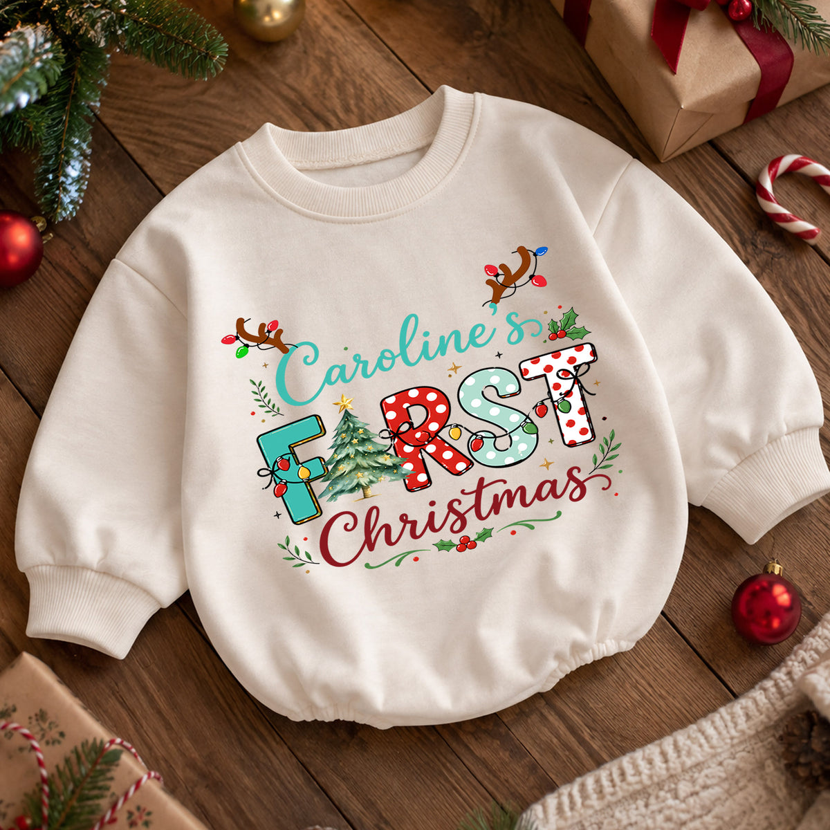 First Christmas Baby Romper, Christmas Romper, Reindeer Holiday Outfit, Baby Xmas Keepsake Gift — product view 5