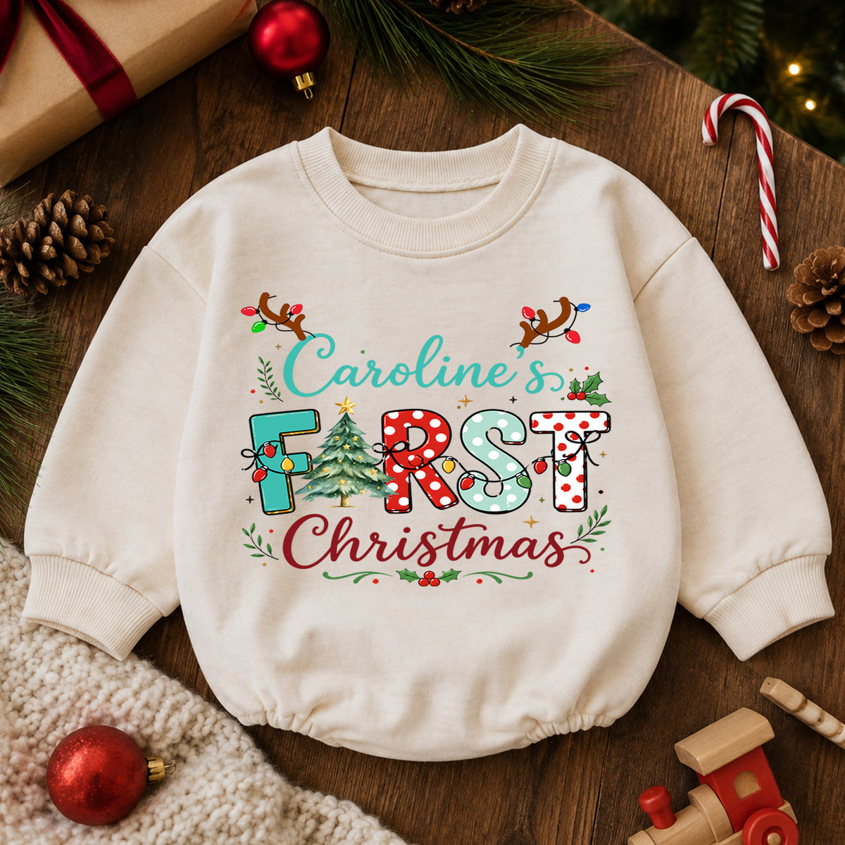 First Christmas Baby Romper, Christmas Romper, Reindeer Holiday Outfit, Baby Xmas Keepsake Gift — product view 6