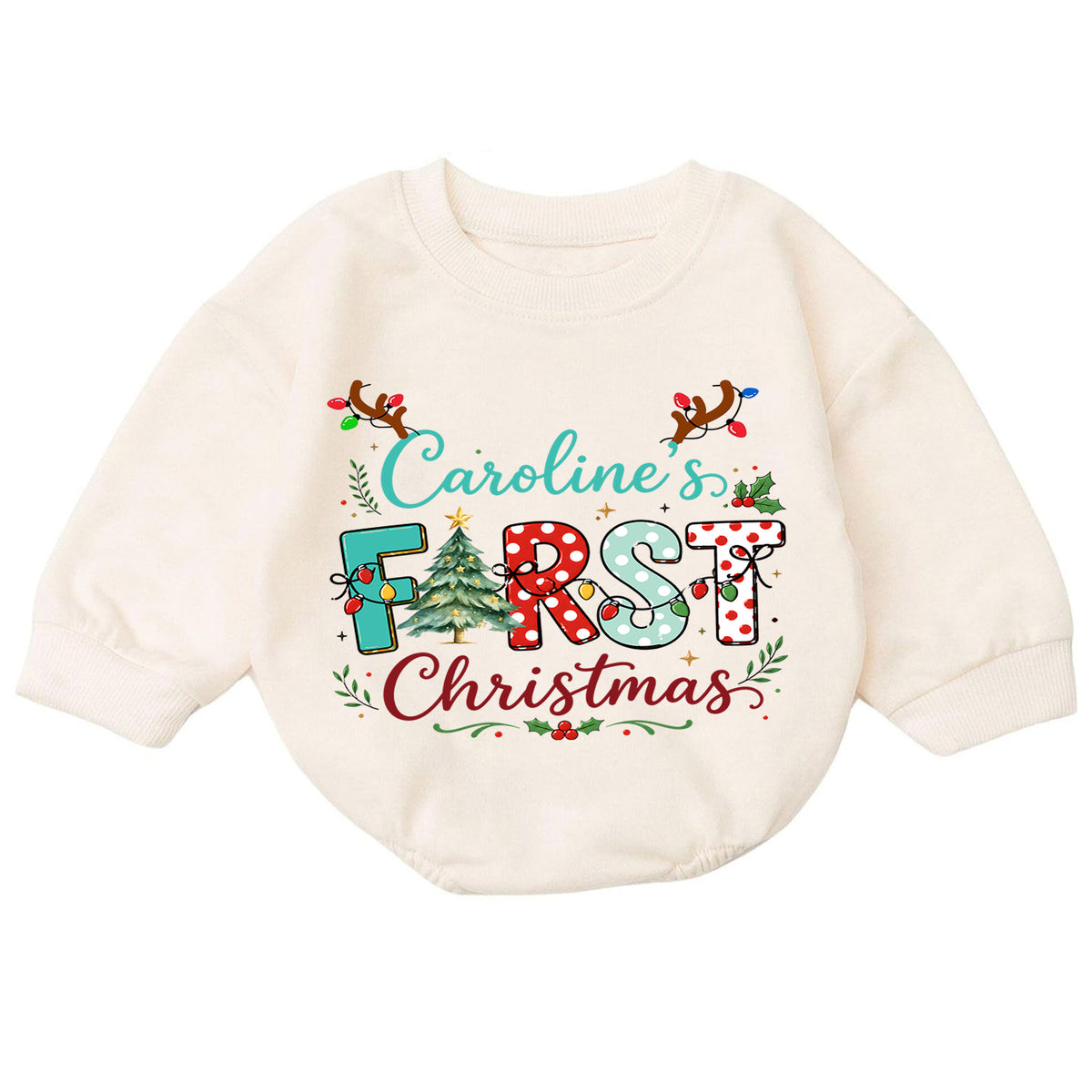 First Christmas Baby Romper, Christmas Romper, Reindeer Holiday Outfit, Baby Xmas Keepsake Gift — product view 7