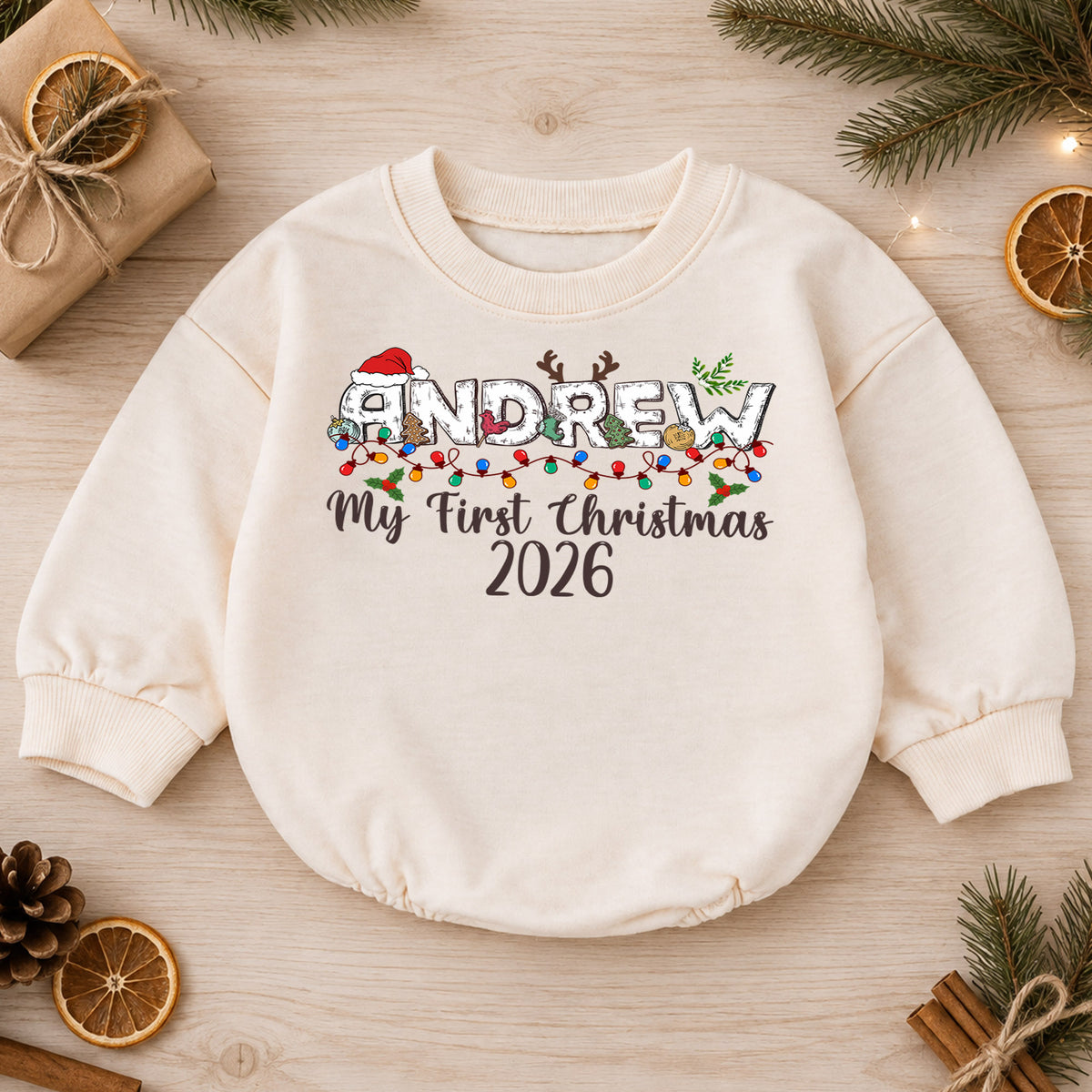 Custom Name Santa Christmas Baby Romper, Personalized Cookies and Milk Design, 1st Christmas Outfit, My First Birthday Gift — product view 1