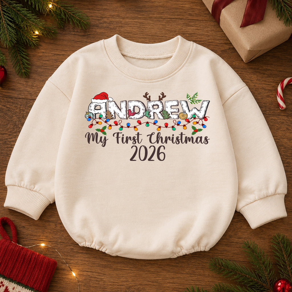 Custom Name Santa Christmas Baby Romper, Personalized Cookies and Milk Design, 1st Christmas Outfit, My First Birthday Gift — product view 2