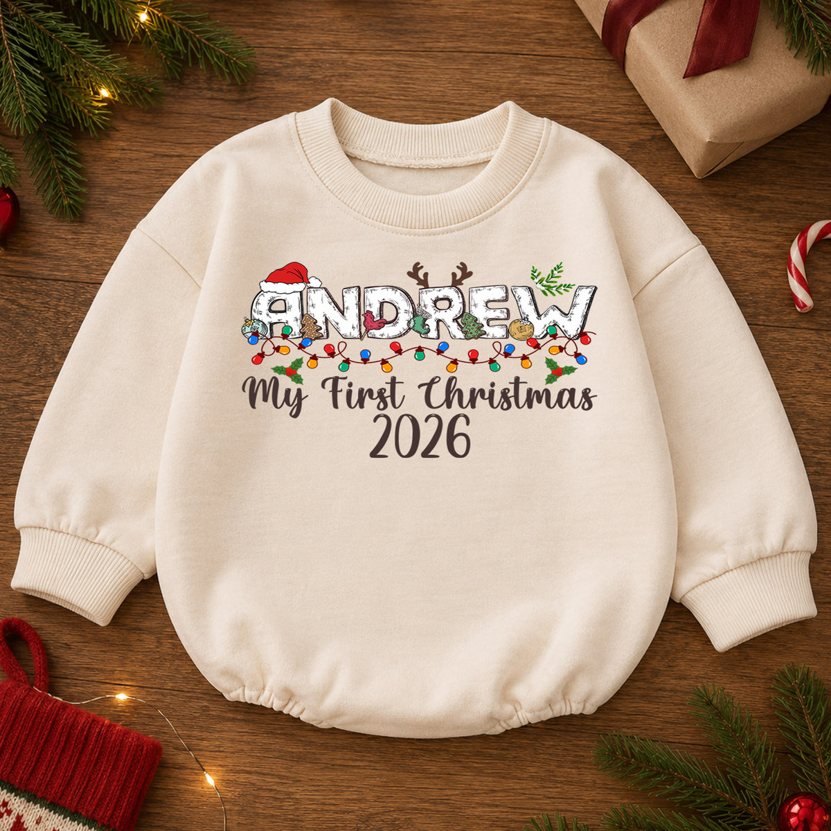 Custom Name Santa Christmas Baby Romper, Personalized Cookies and Milk Design, 1st Christmas Outfit, My First Birthday Gift — product view 2