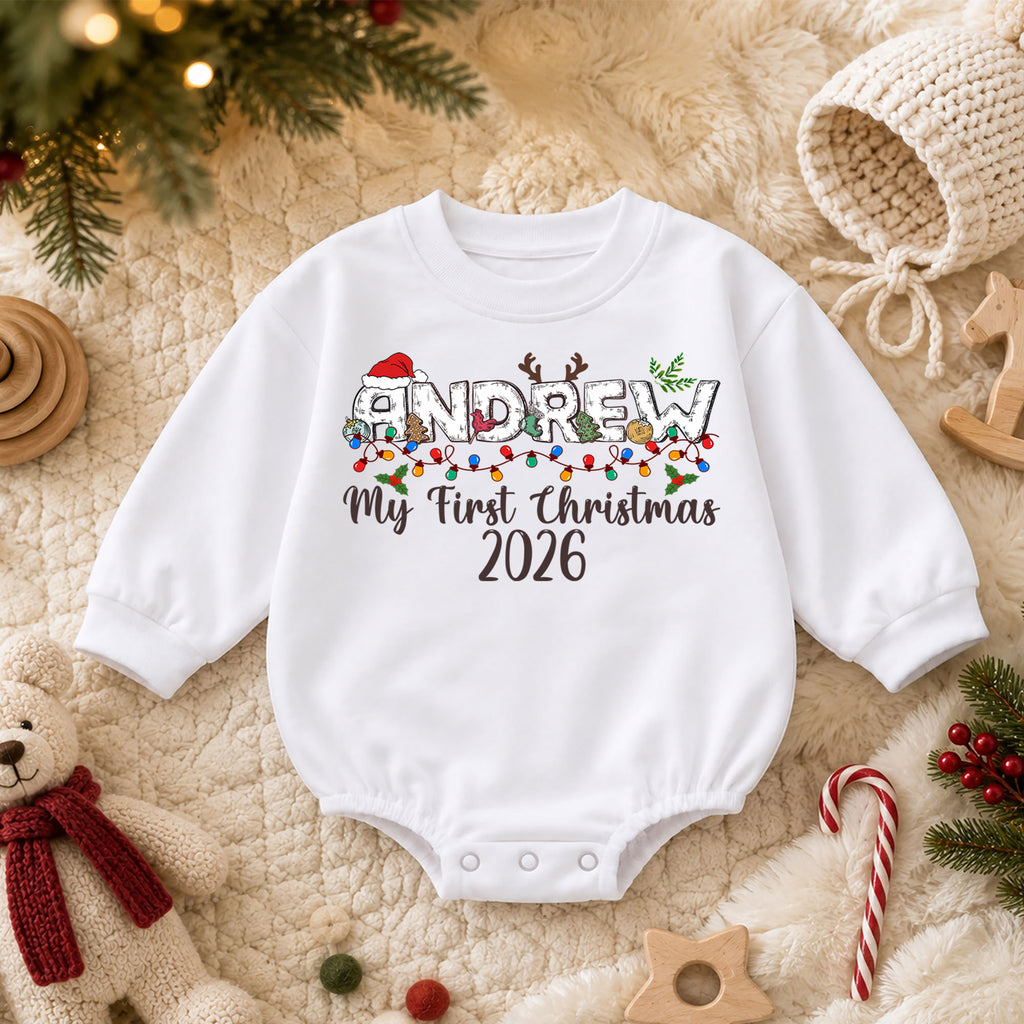 Custom Name Santa Christmas Baby Romper, Personalized Cookies and Milk Design, 1st Christmas Outfit, My First Birthday Gift — product view 3