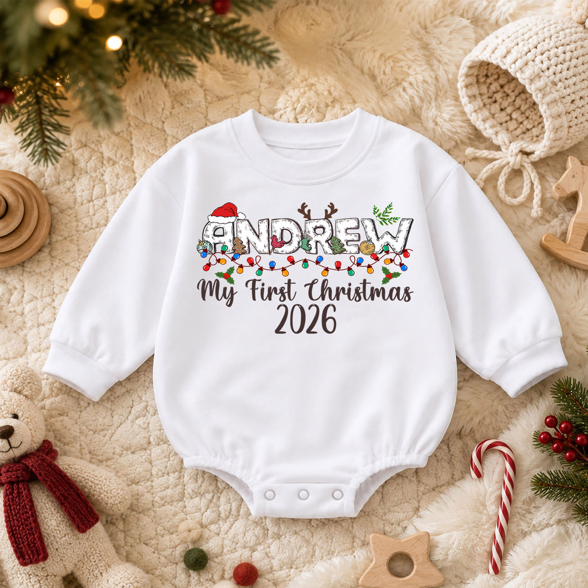 Custom Name Santa Christmas Baby Romper, Personalized Cookies and Milk Design, 1st Christmas Outfit, My First Birthday Gift — product view 3