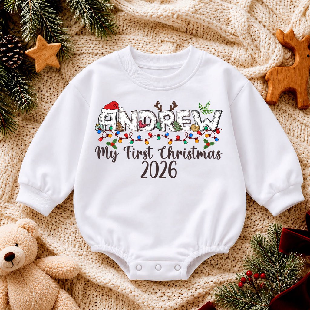 Custom Name Santa Christmas Baby Romper, Personalized Cookies and Milk Design, 1st Christmas Outfit, My First Birthday Gift — product view 4