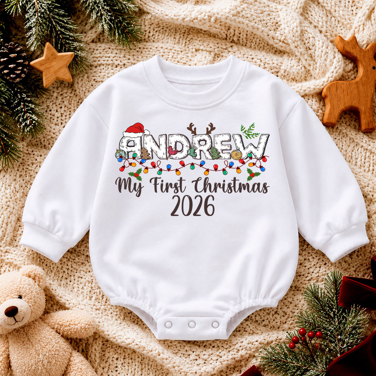 Custom Name Santa Christmas Baby Romper, Personalized Cookies and Milk Design, 1st Christmas Outfit, My First Birthday Gift — product view 4