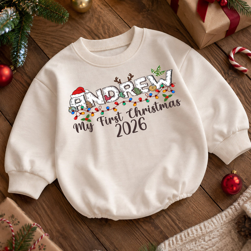 Custom Name Santa Christmas Baby Romper, Personalized Cookies and Milk Design, 1st Christmas Outfit, My First Birthday Gift — product view 5