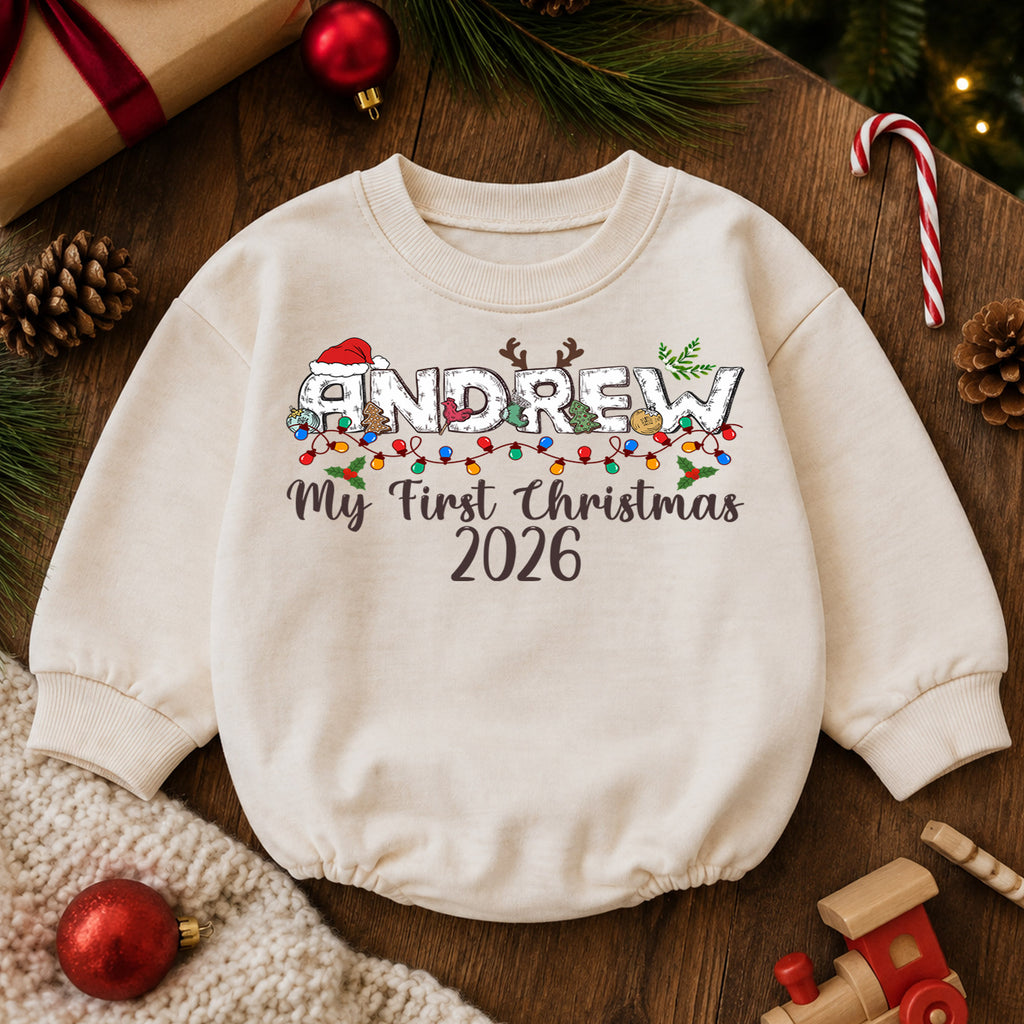 Custom Name Santa Christmas Baby Romper, Personalized Cookies and Milk Design, 1st Christmas Outfit, My First Birthday Gift — product view 6