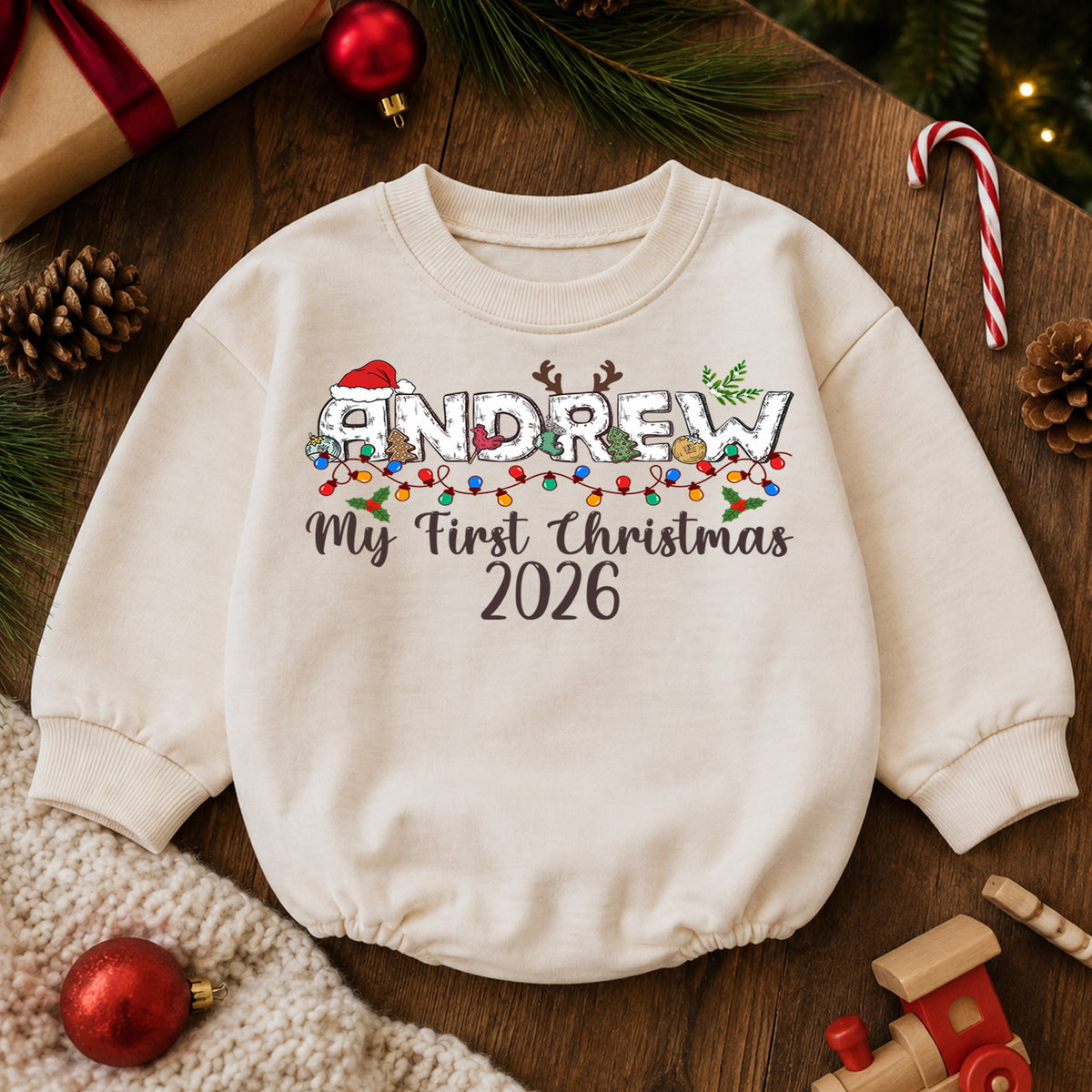 Custom Name Santa Christmas Baby Romper, Personalized Cookies and Milk Design, 1st Christmas Outfit, My First Birthday Gift — product view 6