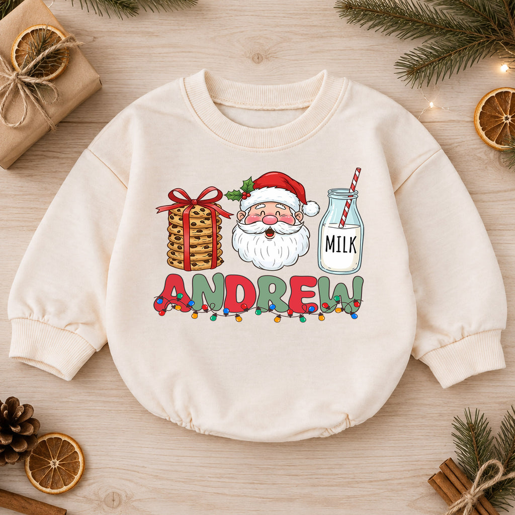 Personalized Christmas Name Baby Romper, Reindeer Santa Gingerbread Design, 1st Christmas Outfit, 1st Birthday Gift for Baby — product view 1