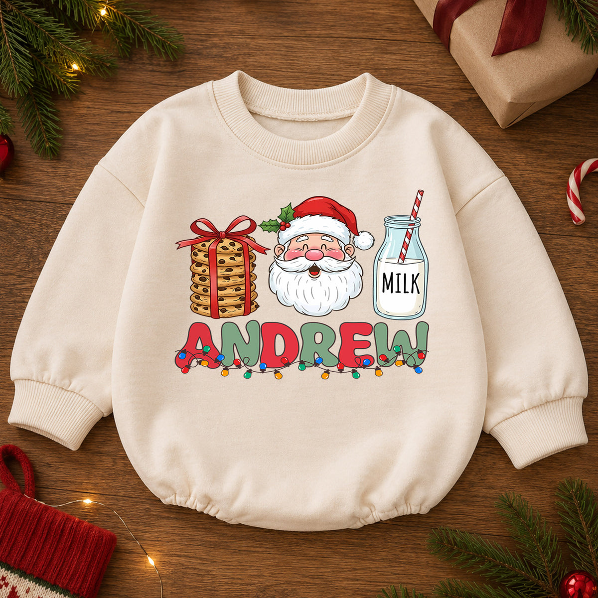 Personalized Christmas Name Baby Romper, Reindeer Santa Gingerbread Design, 1st Christmas Outfit, 1st Birthday Gift for Baby — product view 2