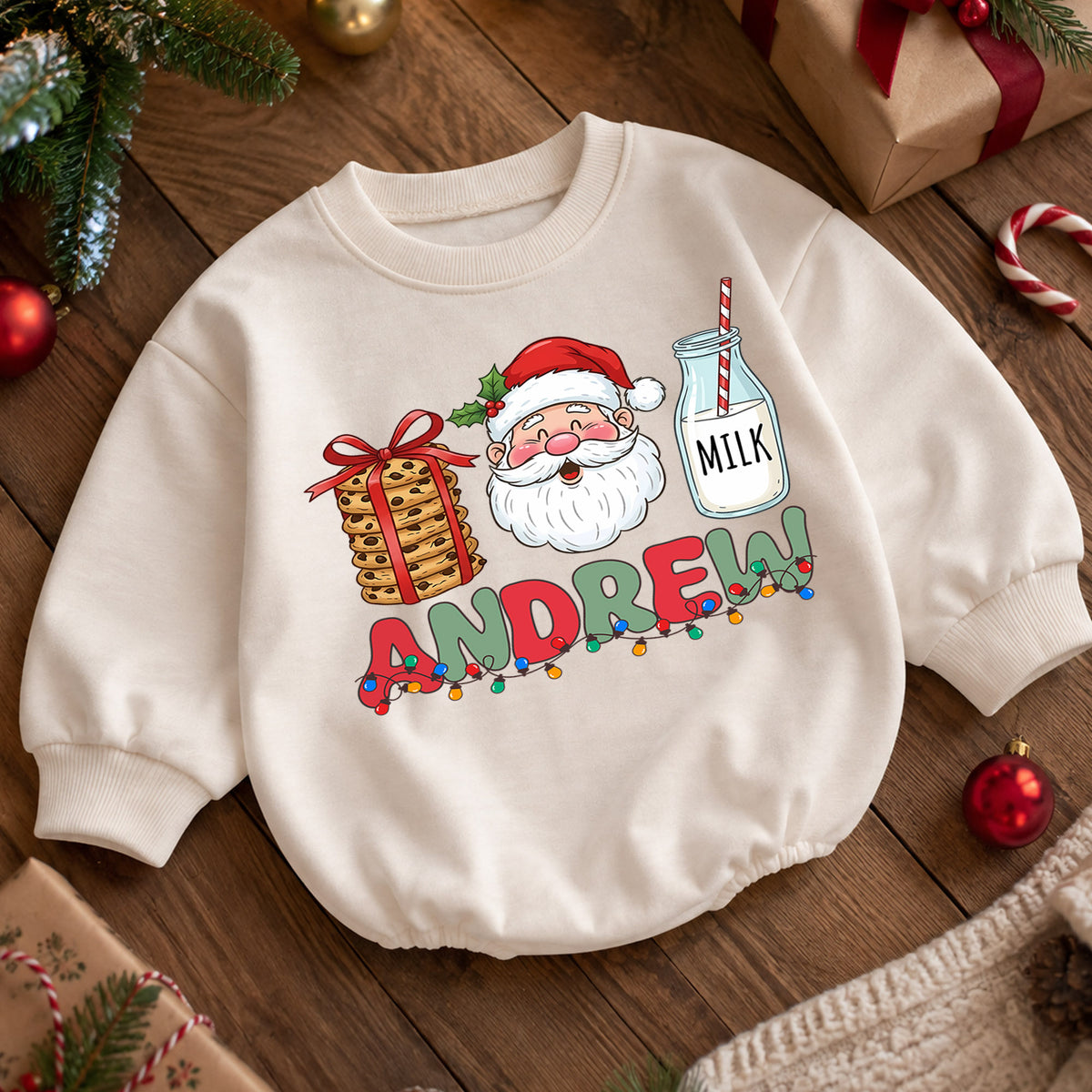 Personalized Christmas Name Baby Romper, Reindeer Santa Gingerbread Design, 1st Christmas Outfit, 1st Birthday Gift for Baby — product view 5