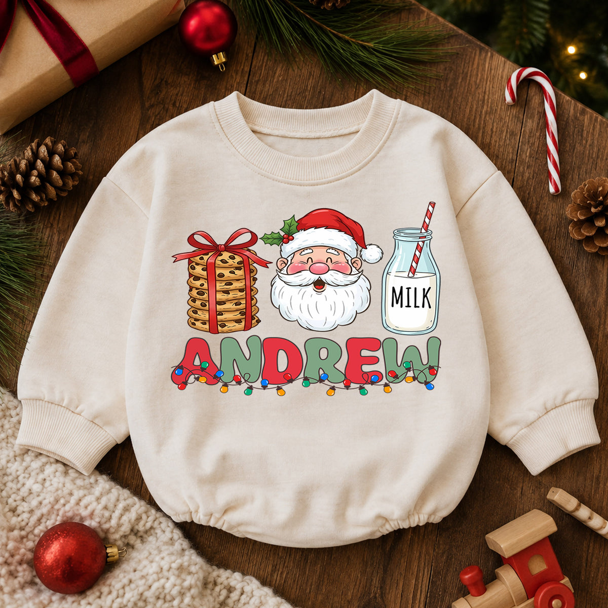 Personalized Christmas Name Baby Romper, Reindeer Santa Gingerbread Design, 1st Christmas Outfit, 1st Birthday Gift for Baby — product view 6