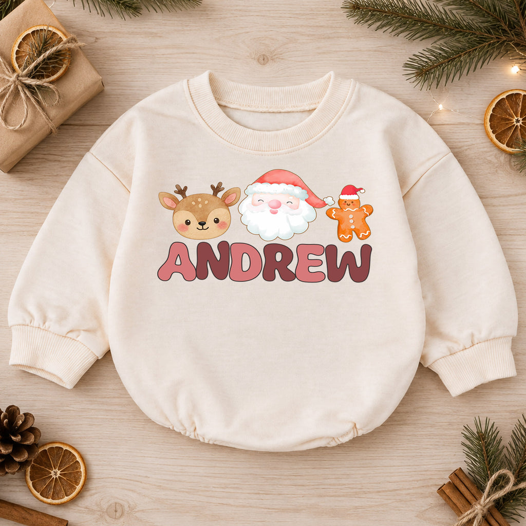 Custom Name Christmas Baby Romper, Personalized Santa Milk Gingerbread Design, My First Birthday Outfit, 1st Christmas Gift — product view 1