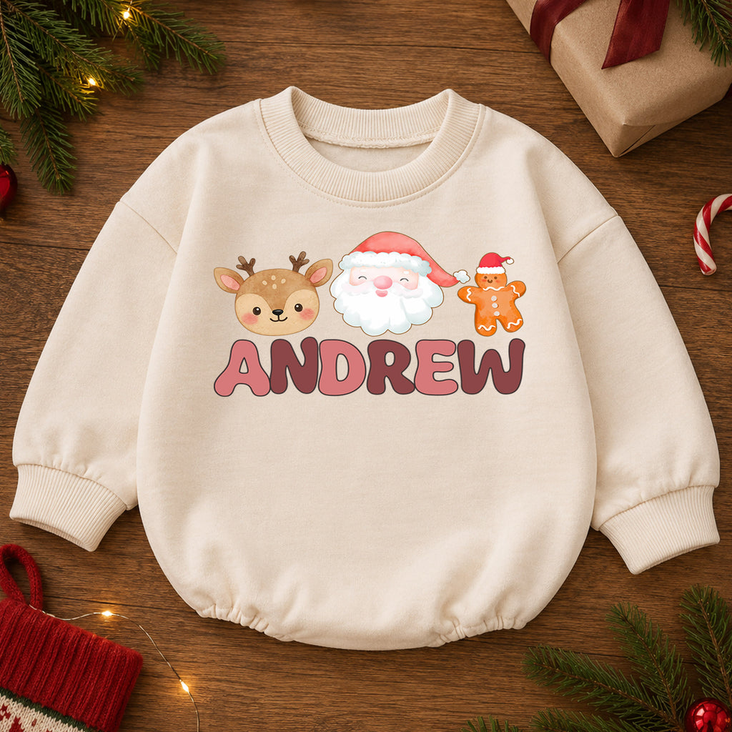 Custom Name Christmas Baby Romper, Personalized Santa Milk Gingerbread Design, My First Birthday Outfit, 1st Christmas Gift — product view 2