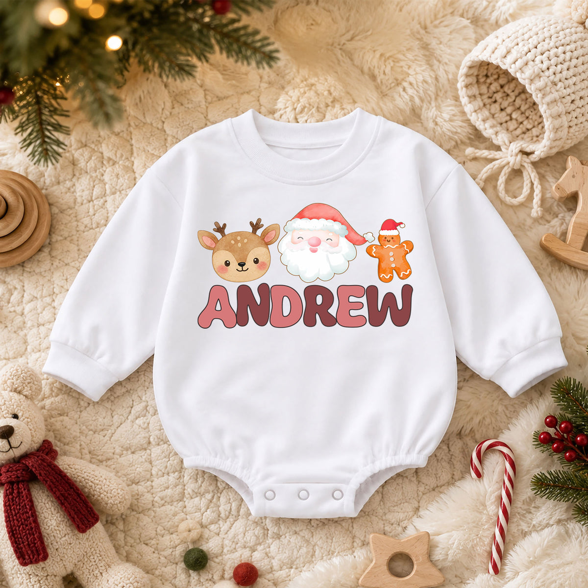 Custom Name Christmas Baby Romper, Personalized Santa Milk Gingerbread Design, My First Birthday Outfit, 1st Christmas Gift — product view 3