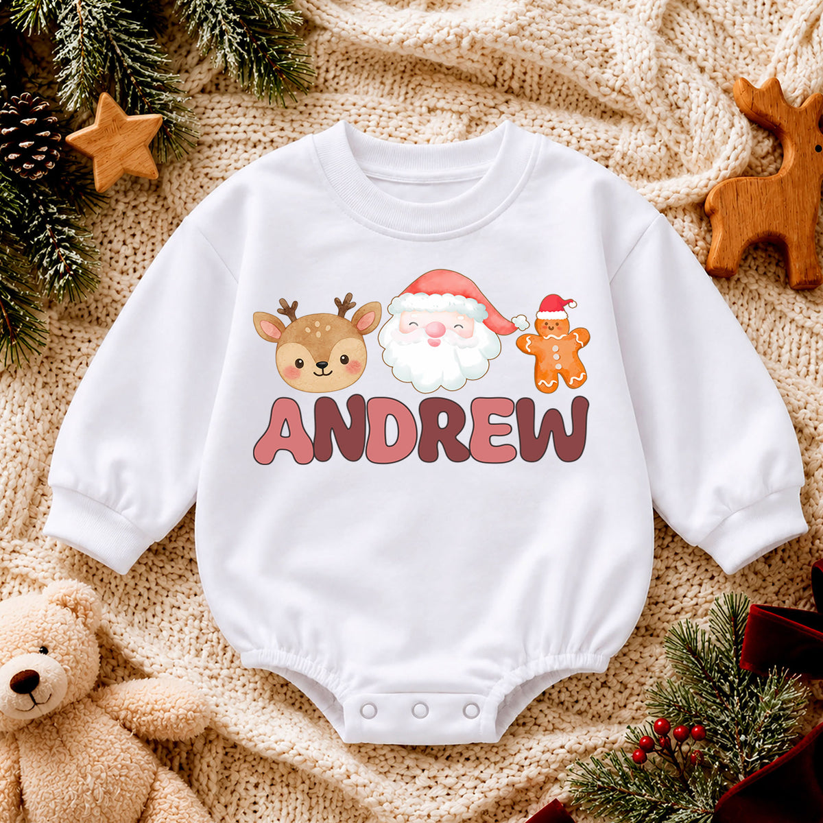 Custom Name Christmas Baby Romper, Personalized Santa Milk Gingerbread Design, My First Birthday Outfit, 1st Christmas Gift — product view 4